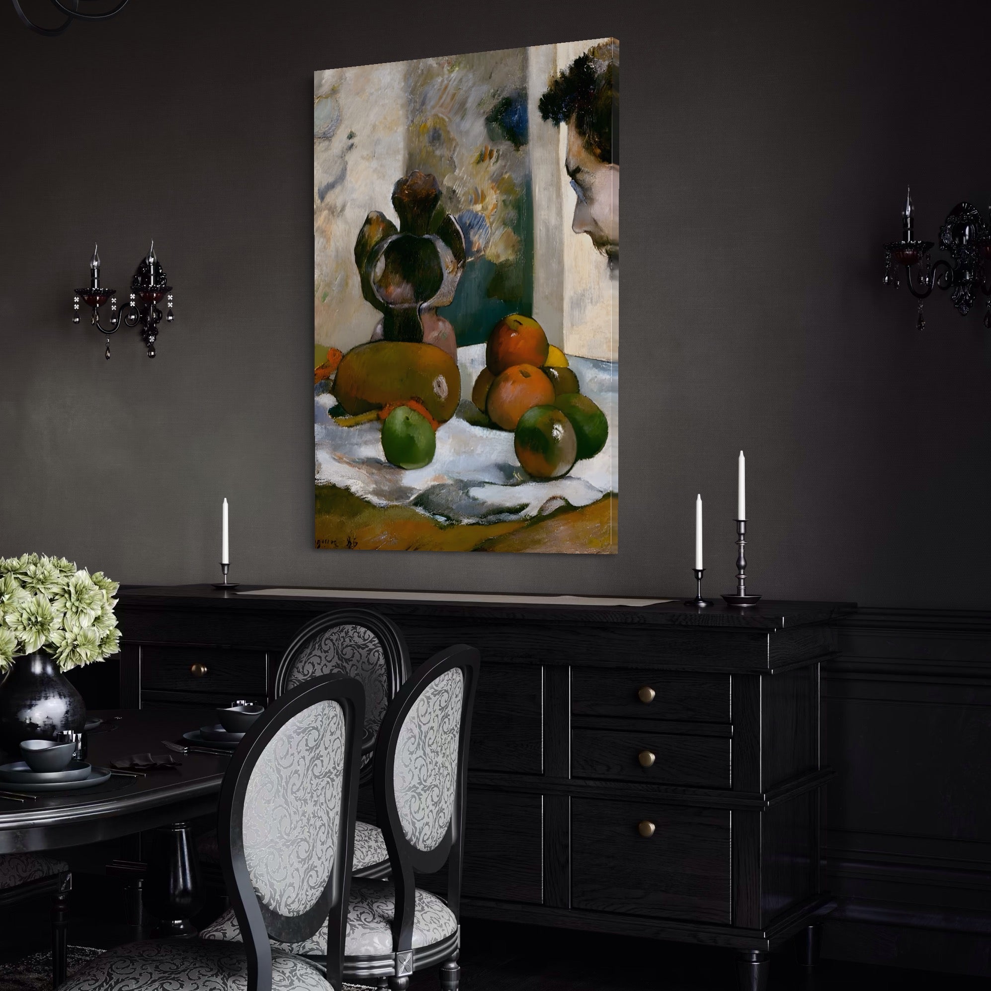 Tablou Canvas Premium LuxCanva® A1558, Natura Moarta Cu Profilul Lui Laval , Galerie De Arta, Paul Gauguin, Pictor, Aventurier, Geniu, Living, Culori Vibrante