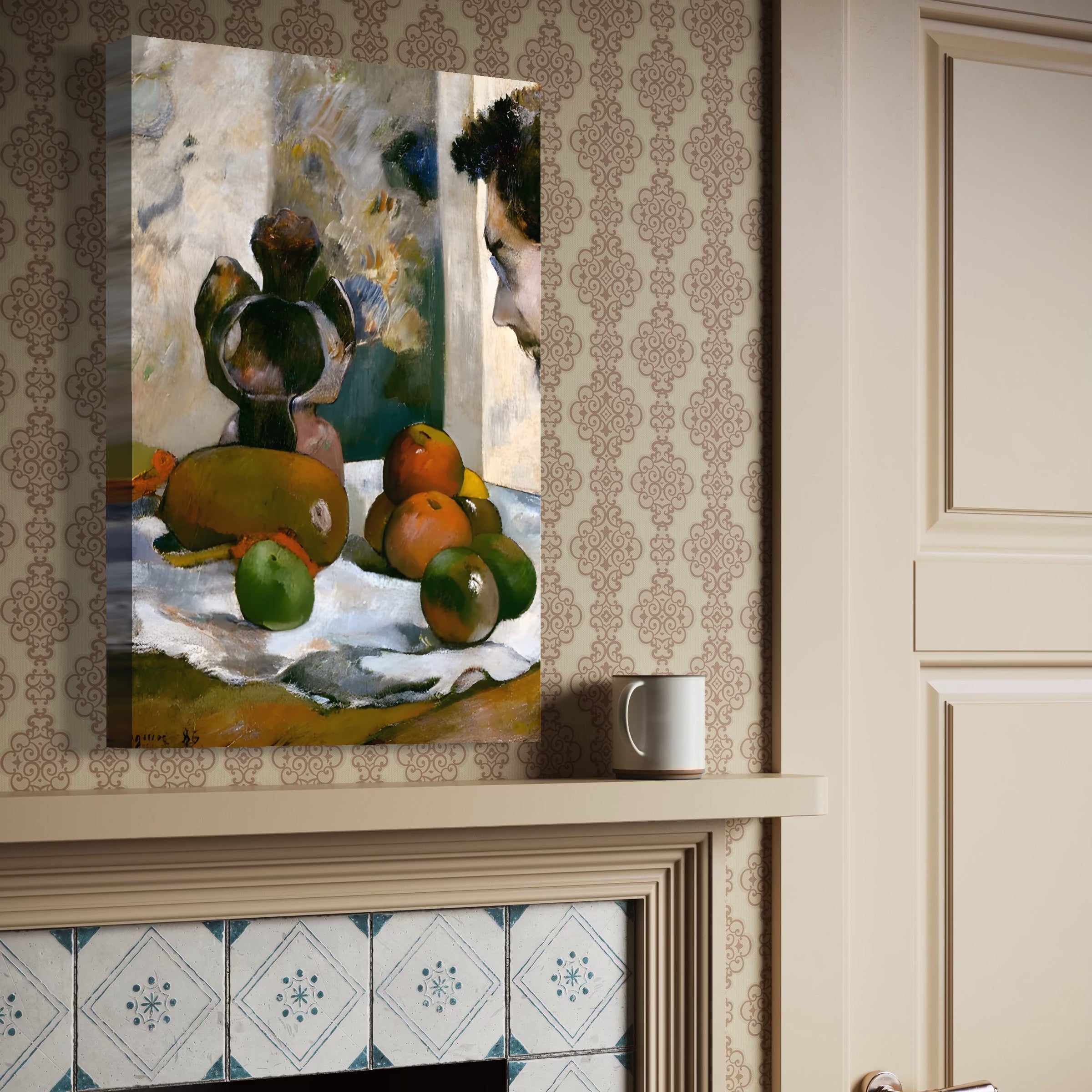 Tablou Canvas Premium LuxCanva® A1558, Natura Moarta Cu Profilul Lui Laval , Galerie De Arta, Paul Gauguin, Pictor, Aventurier, Geniu, Living, Culori Vibrante