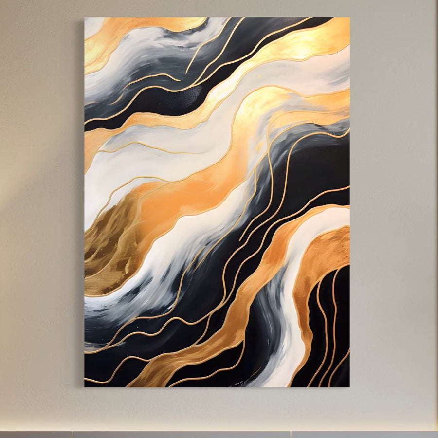 Tablou Canvas Premium LuxCanva® A1559 "Valurile" prezintă valuri abstracte vibrante aurii, negre și albe cu accente metalice, creând o piesă decorativă uimitoare pentru orice spațiu de locuit. Perfect pentru a adăuga mișcare dinamică pereților neutri.