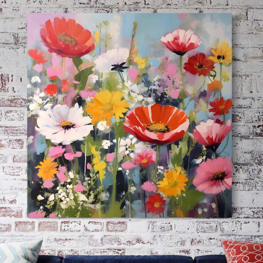 Tablou Canvas Premium LuxCanva® A1562, "Imbratisare Florala", cu flori vibrante de primăvară, adaugă un plus de calitate premium și culoare decorului din living sau dormitor.