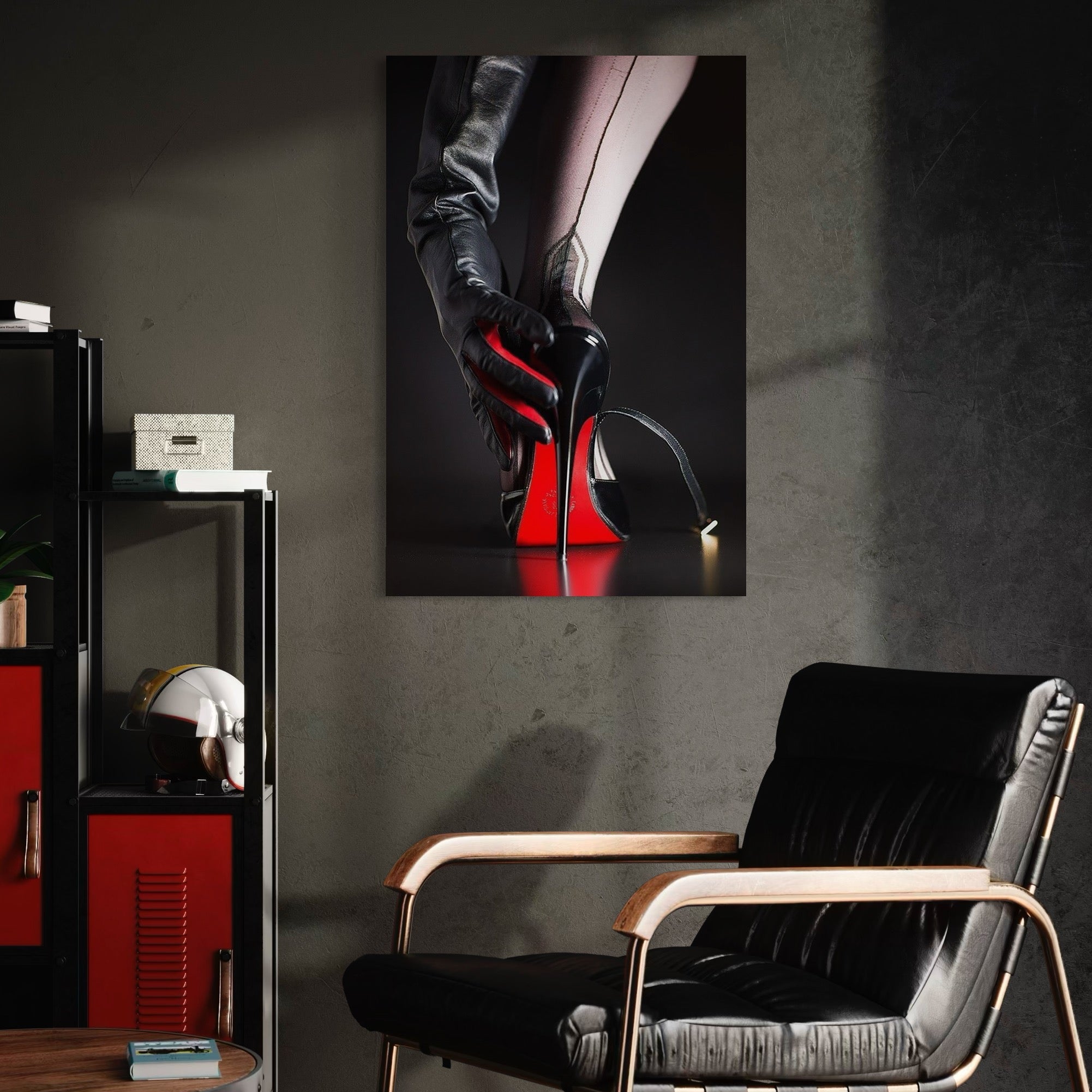 tablou canvas cu un picior de femeie pe tocuri, cu dresuri sexy negre si o mana cuprinsa de o manusa de piele neagra