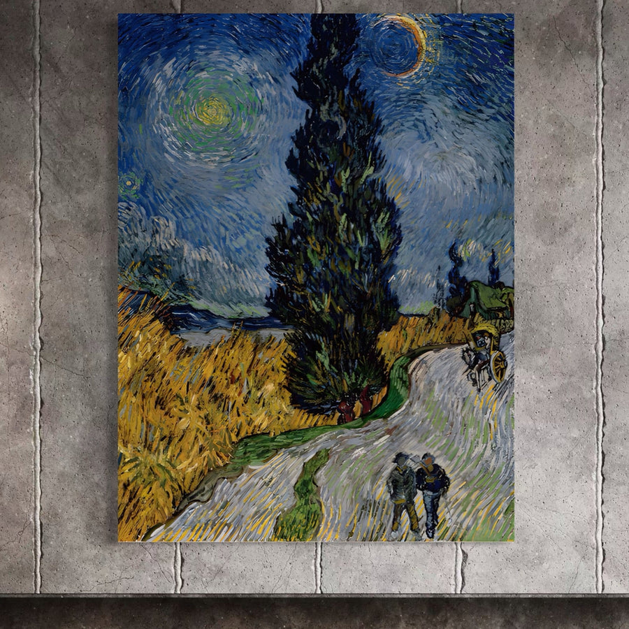 Tablou Canvas Premium LuxCanva® A1568, inspirat de Van Gogh, cu cer albastru învolburat, lună și câmpuri galbene, imprimat pe panza bumbac 100%, oferă un decor artistic vibrant și durabil pentru living.