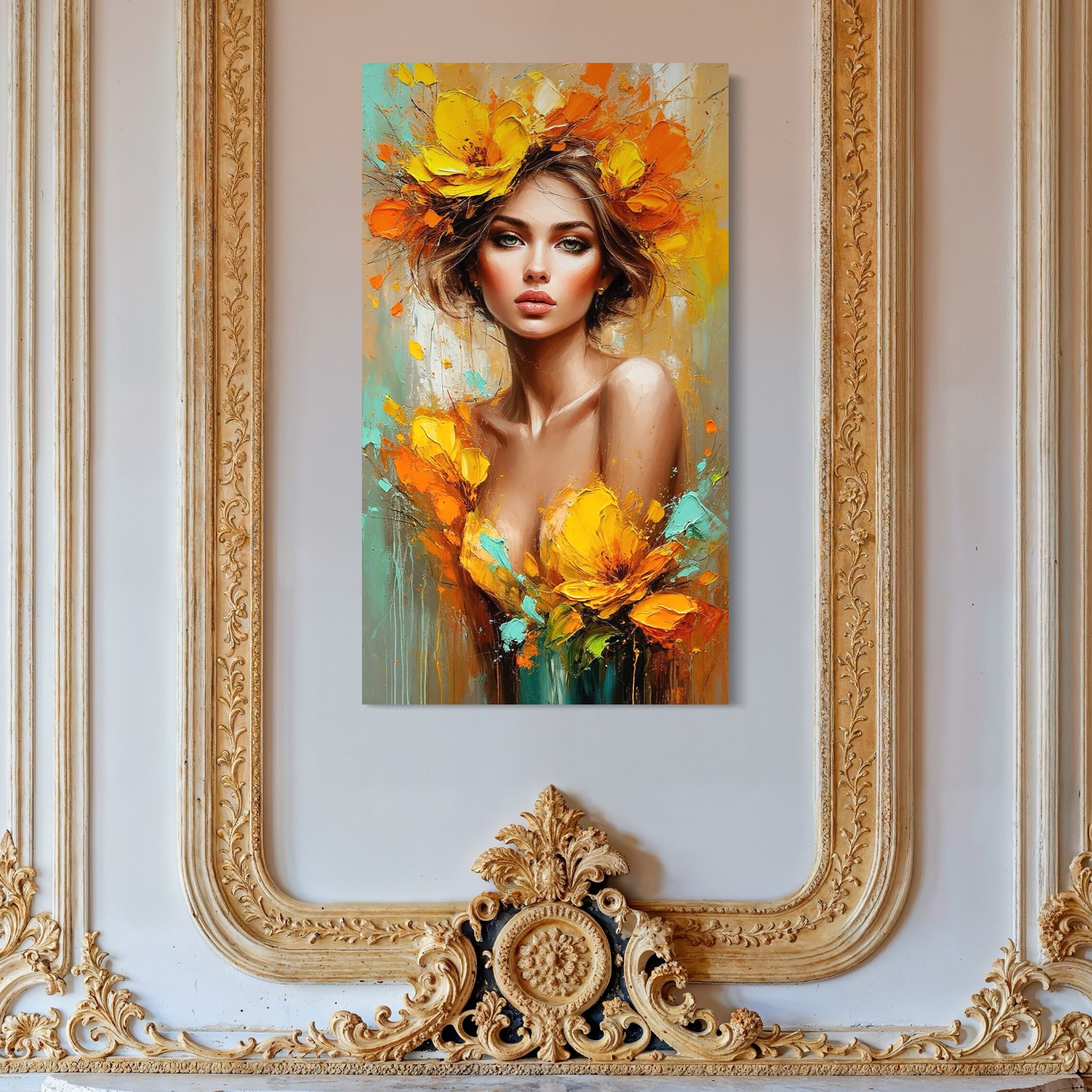 tablou canvas cu o femeie frumoasa si eleganta, cu parul si rochia decorate cu flori galbene, pe fundal pictat in nuante calde si tonuri de turcoaz