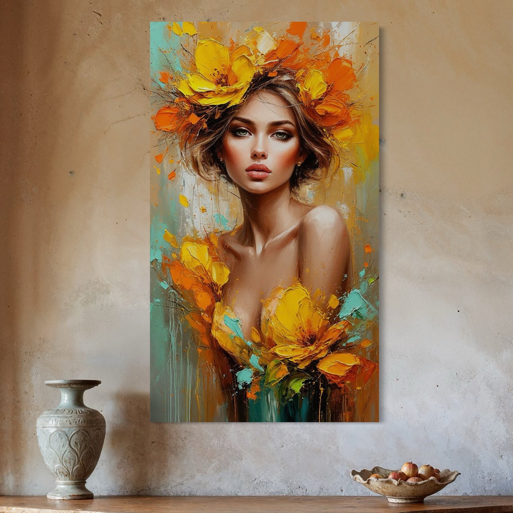 tablou canvas cu o femeie frumoasa si eleganta, cu parul si rochia decorate cu flori galbene, pe fundal pictat in nuante calde si tonuri de turcoaz