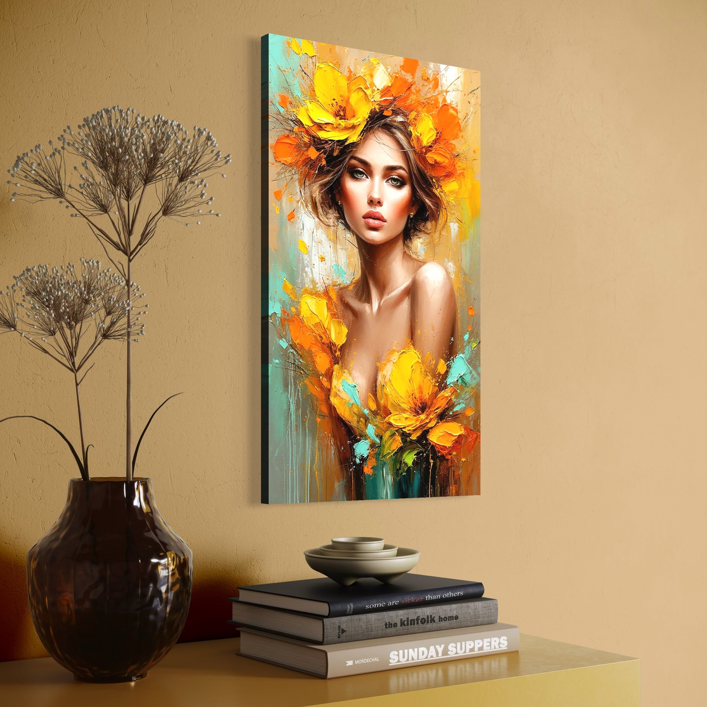 tablou canvas cu o femeie frumoasa si eleganta, cu parul si rochia decorate cu flori galbene, pe fundal pictat in nuante calde si tonuri de turcoaz