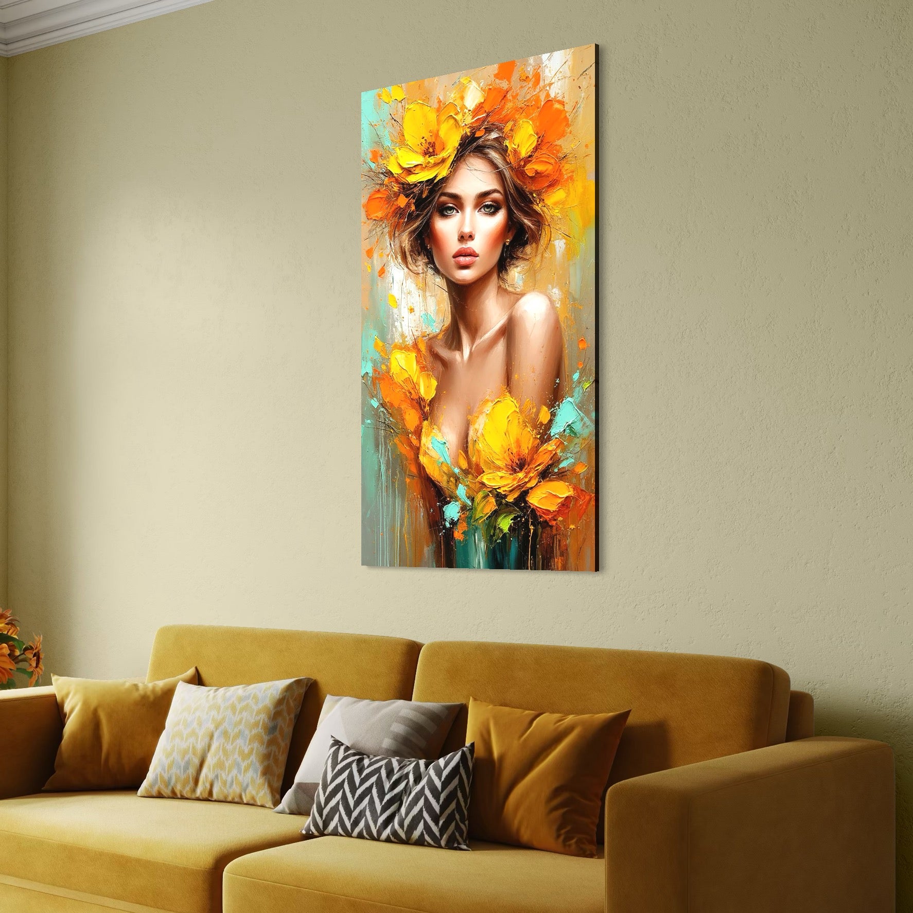 tablou canvas cu o femeie frumoasa si eleganta, cu parul si rochia decorate cu flori galbene, pe fundal pictat in nuante calde si tonuri de turcoaz