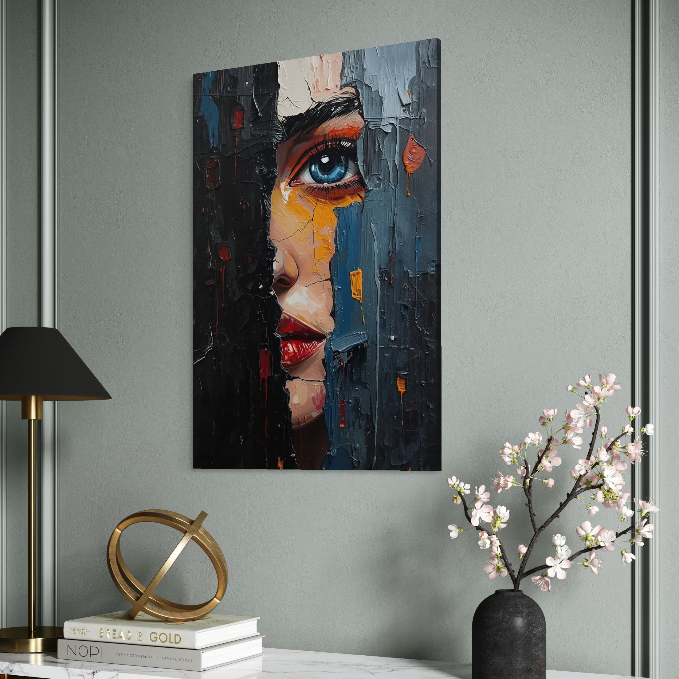 tablou canvas cu un chip de femeie cu ochii albastri si buzele rosii, pictata in nuante reci de albastru, negru si gri, intr-un cadru urban