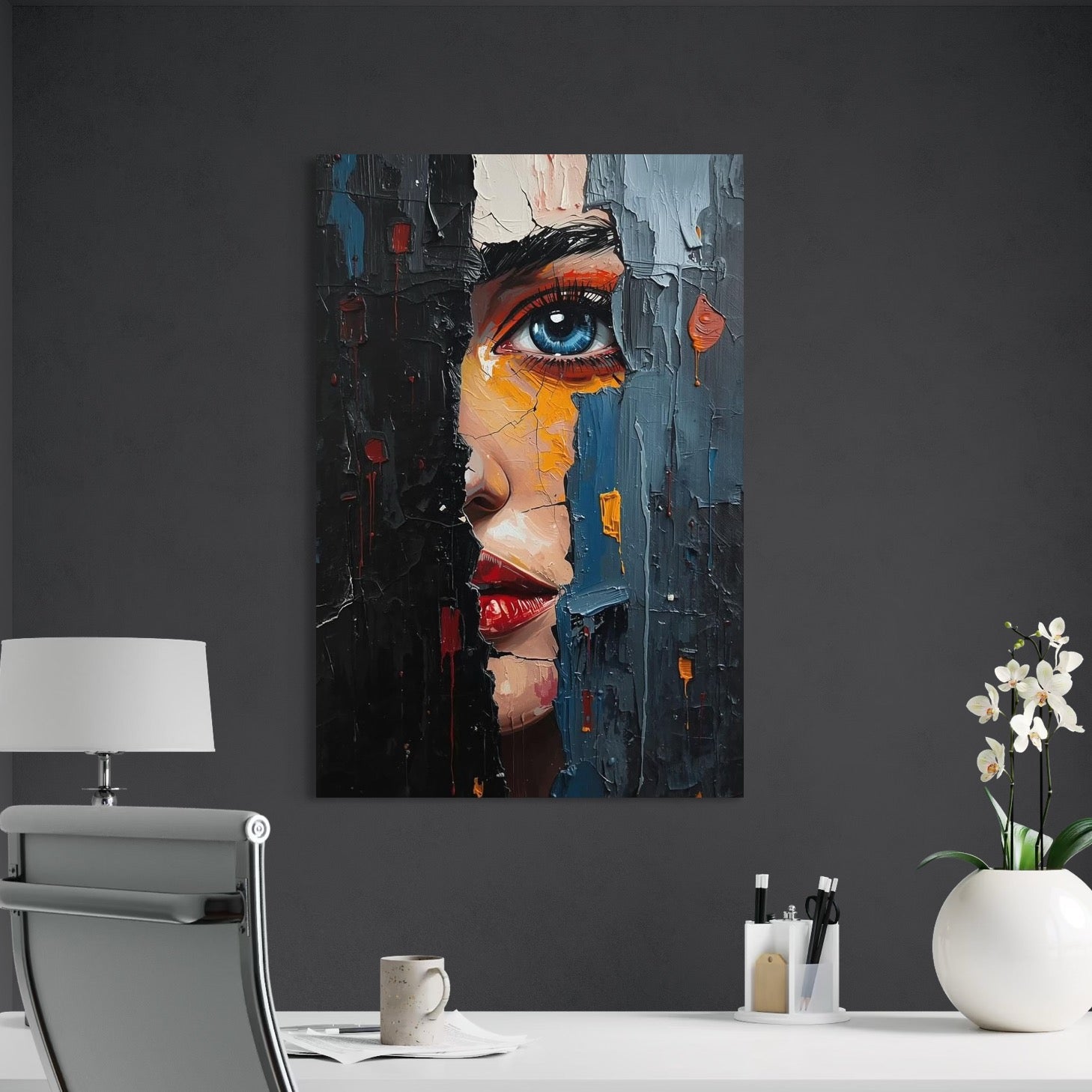 tablou canvas cu un chip de femeie cu ochii albastri si buzele rosii, pictata in nuante reci de albastru, negru si gri, intr-un cadru urban