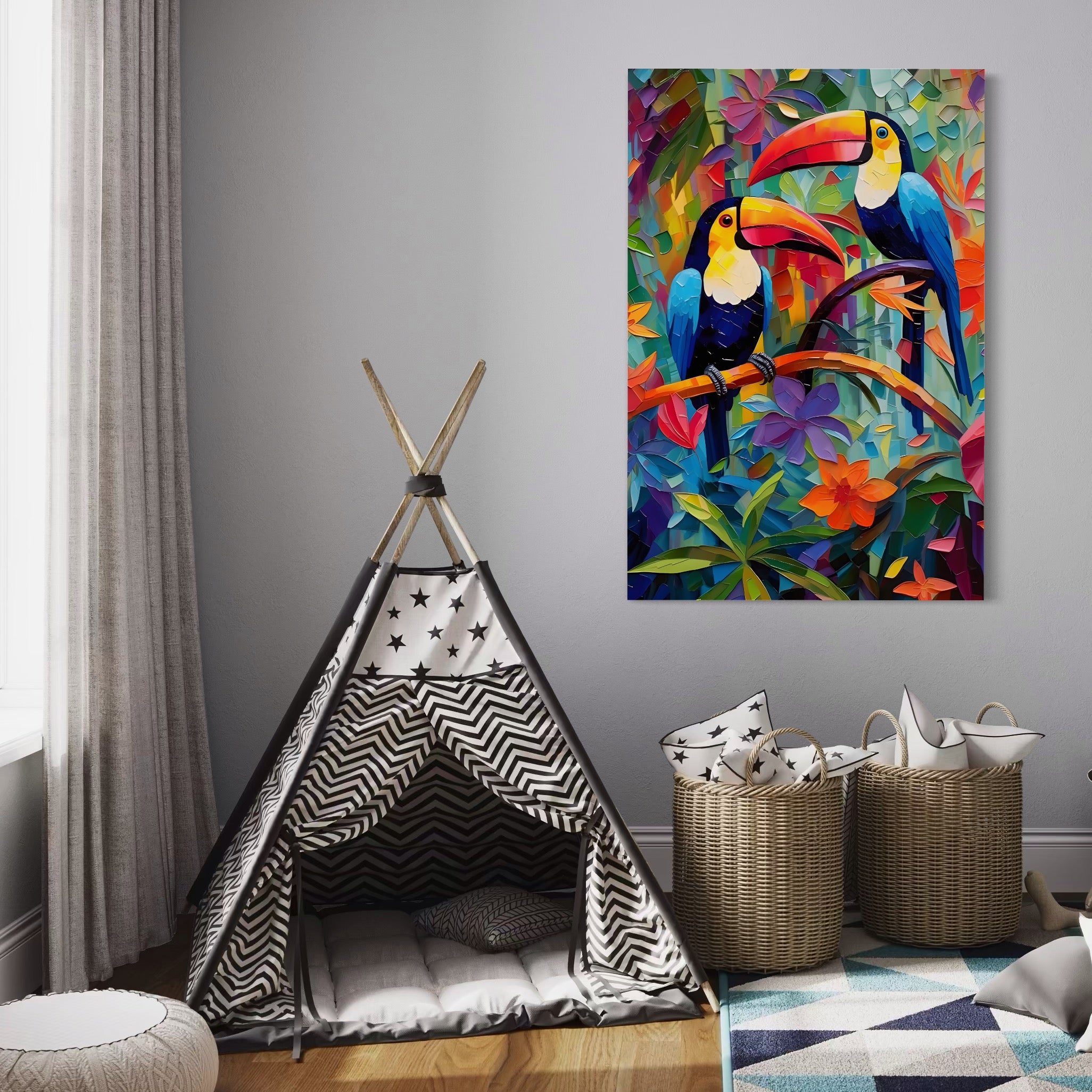 Tablou Canvas Premium LuxCanva® A1572, Iubirea Tucanilor , Room, Pasari, Colorat, Tropical, Flori, Living, Culori Vibrante