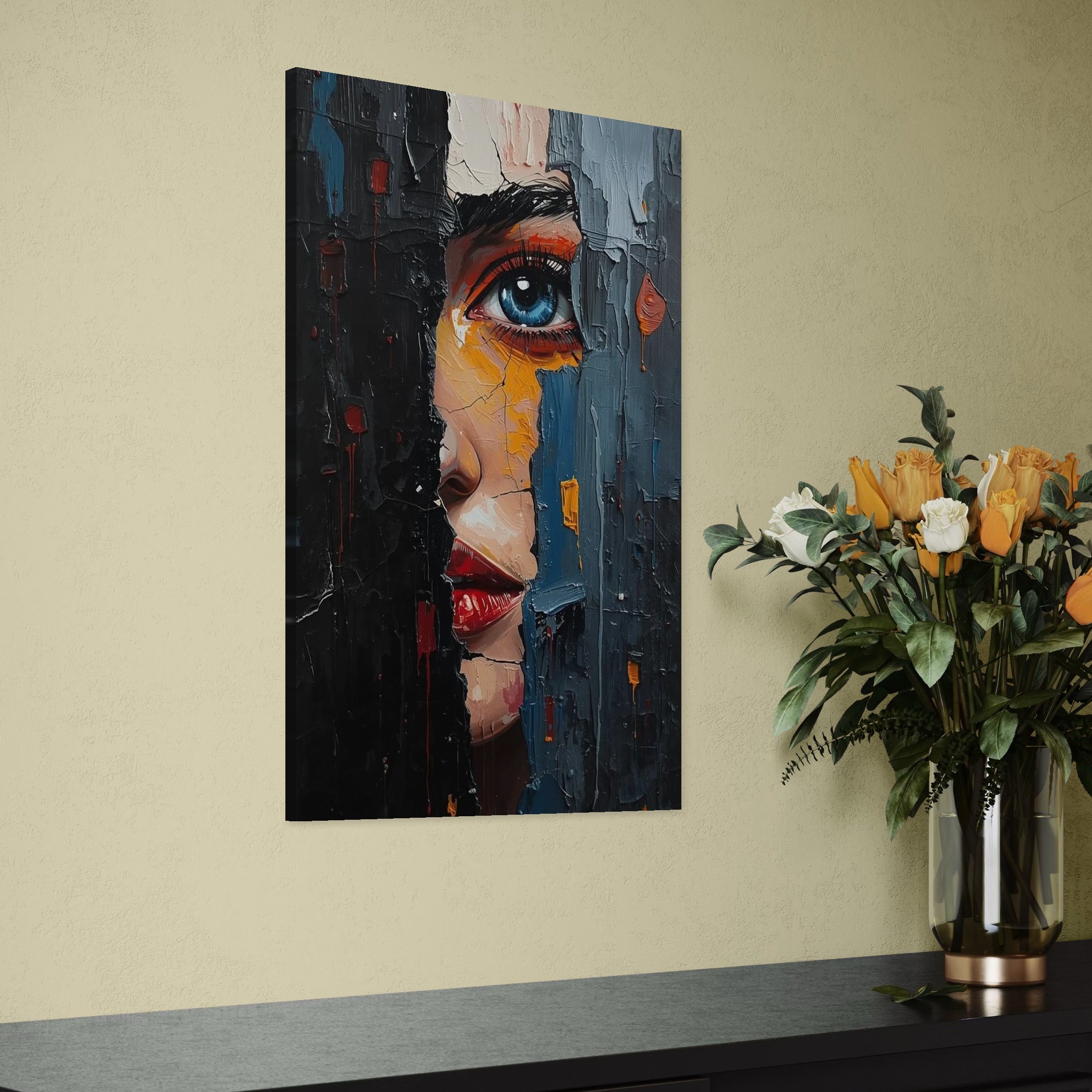 tablou canvas cu un chip de femeie cu ochii albastri si buzele rosii, pictata in nuante reci de albastru, negru si gri, intr-un cadru urban