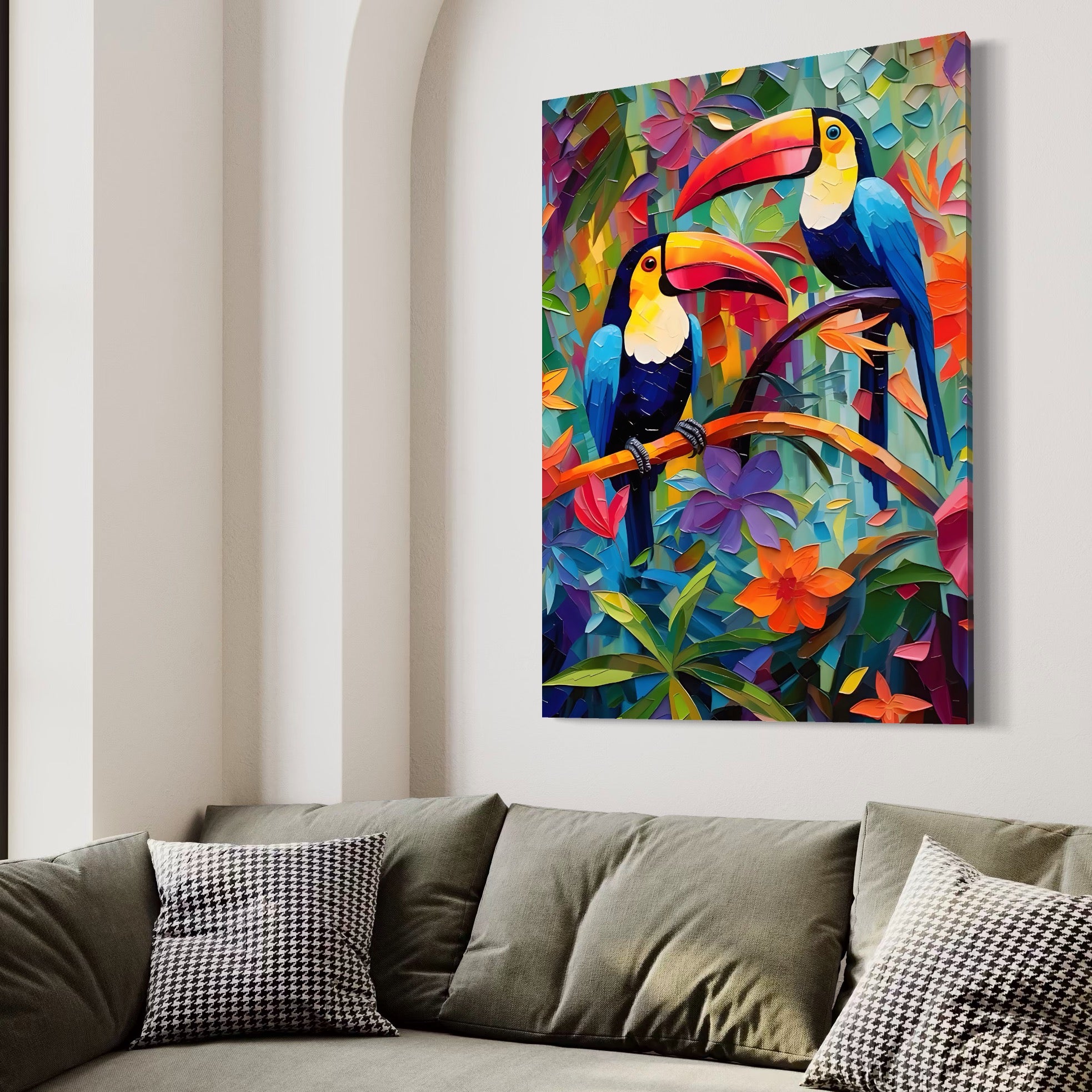 Tablou Canvas Premium LuxCanva® A1572, Iubirea Tucanilor , Room, Pasari, Colorat, Tropical, Flori, Living, Culori Vibrante