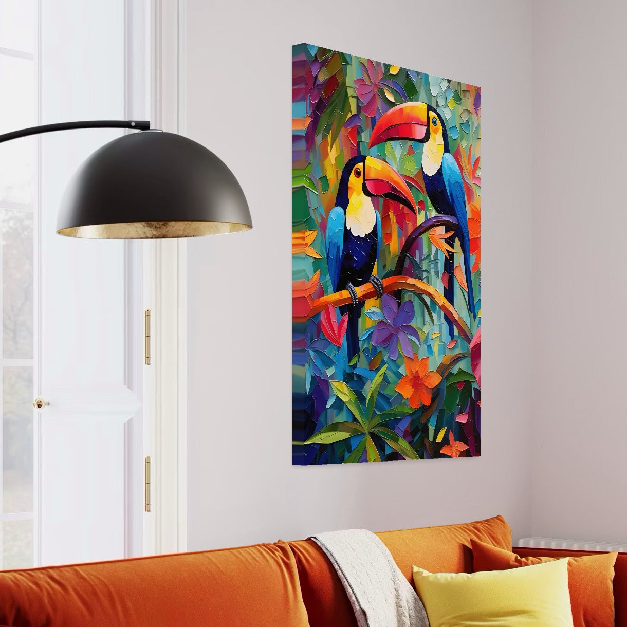 Tablou Canvas Premium LuxCanva® A1572, Iubirea Tucanilor , Room, Pasari, Colorat, Tropical, Flori, Living, Culori Vibrante