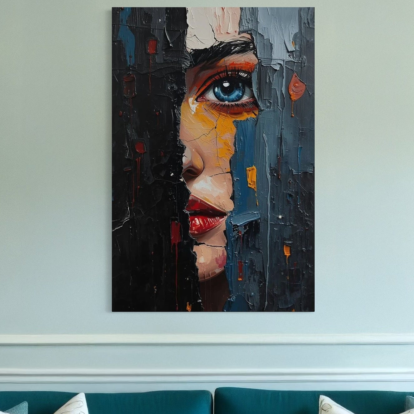 tablou canvas cu un chip de femeie cu ochii albastri si buzele rosii, pictata in nuante reci de albastru, negru si gri, intr-un cadru urban