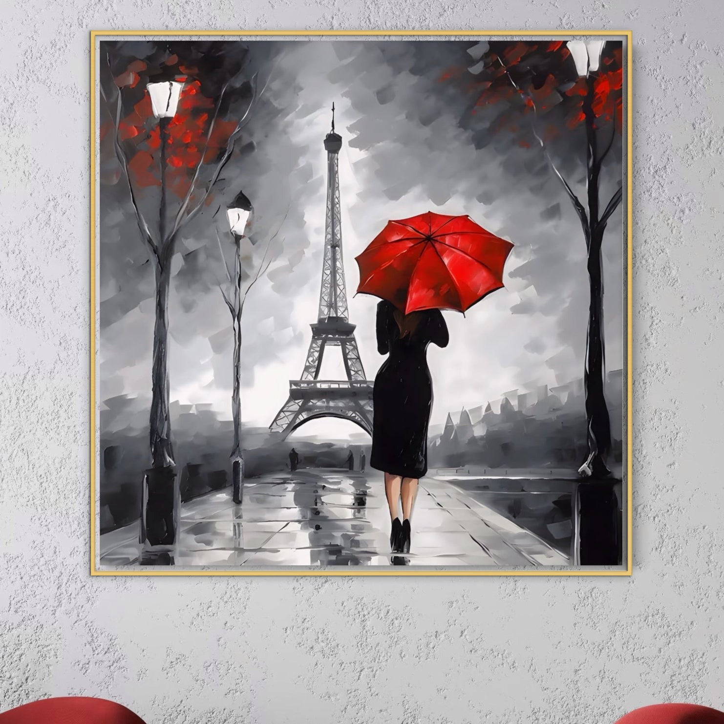 Leinwandbilder Premium-Leinwandkunst LuxCanva® A1573, Mädchen mit Regenschirm, Wohnen, Paris, Eiffelturm, Regen, Regen, Spaziergang, Zimmer, leuchtende Farben