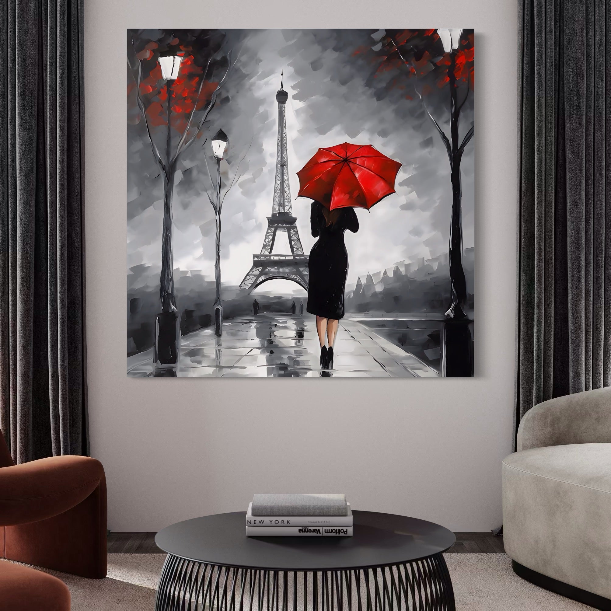 Tablou Canvas Premium LuxCanva® A1573, Fata Cu Umbrela , Living, Paris, Turn Eiffel, Ploaie, Plimbare, Room, Culori Vibrante