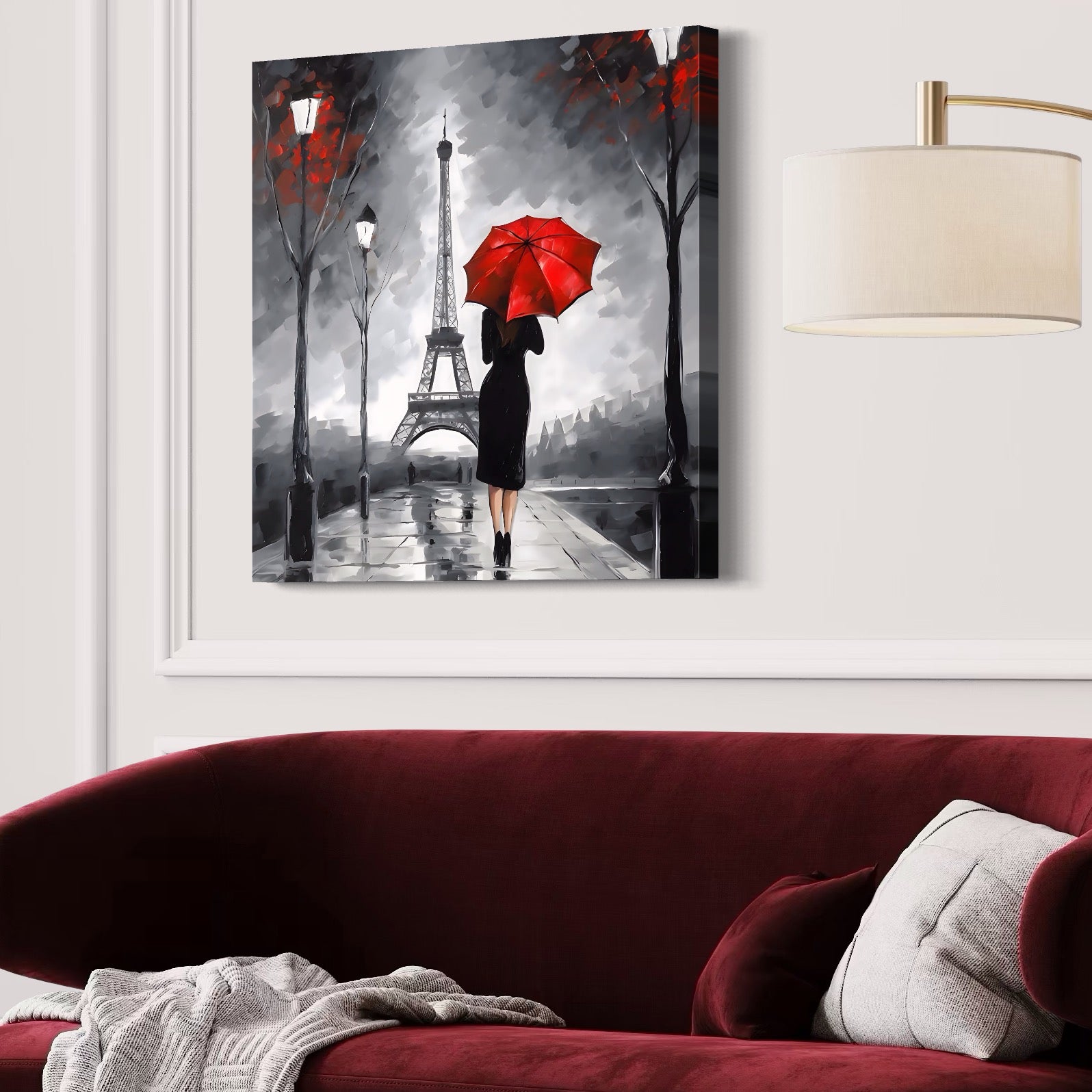 Tablou Canvas Premium LuxCanva® A1573, Fata Cu Umbrela , Living, Paris, Turn Eiffel, Ploaie, Plimbare, Room, Culori Vibrante