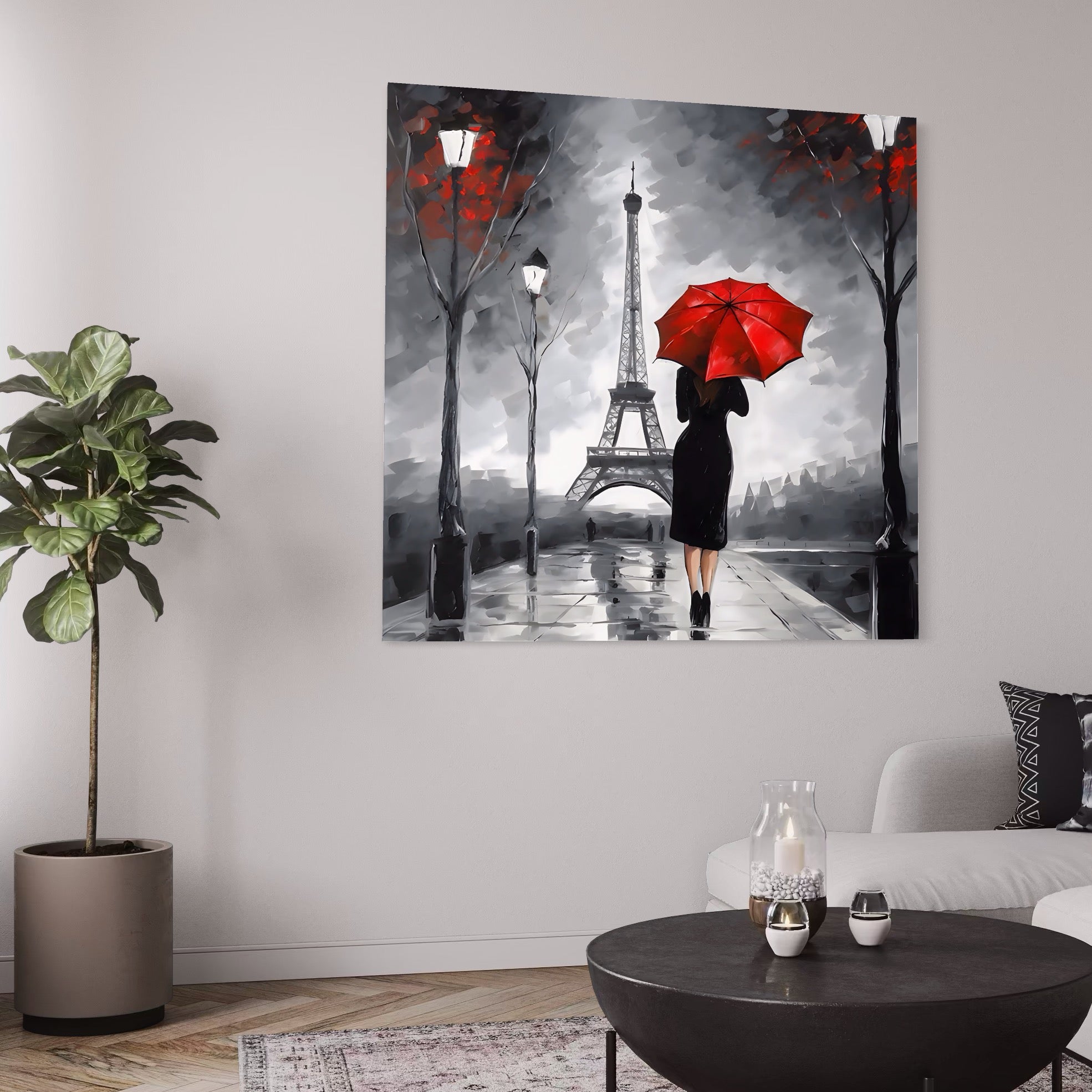 Tablou Canvas Premium LuxCanva® A1573, Fata Cu Umbrela , Living, Paris, Turn Eiffel, Ploaie, Plimbare, Room, Culori Vibrante