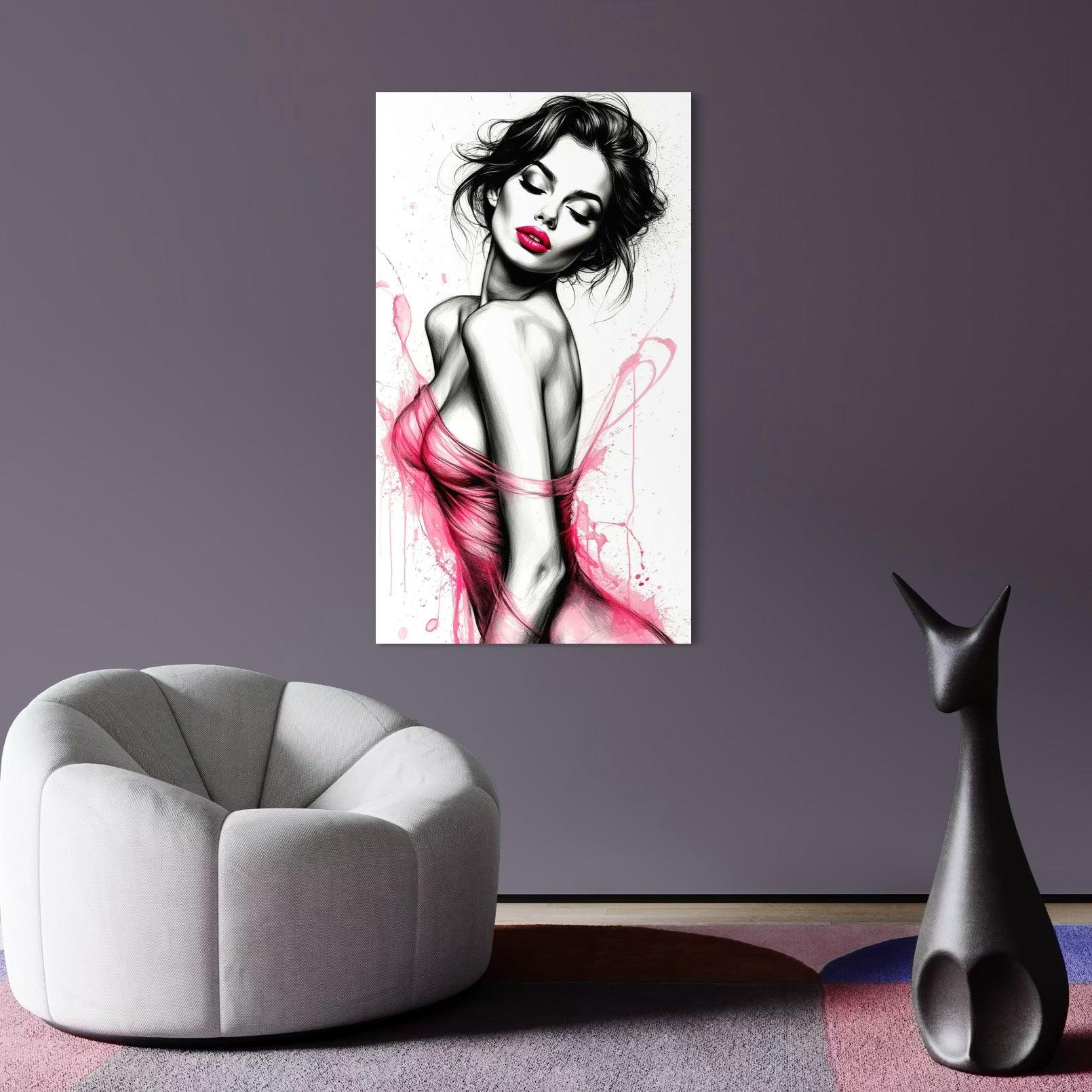 tablou canvas cu o femeie sexy cu buzele roz, redata intr-un cadru erotic alb si negru