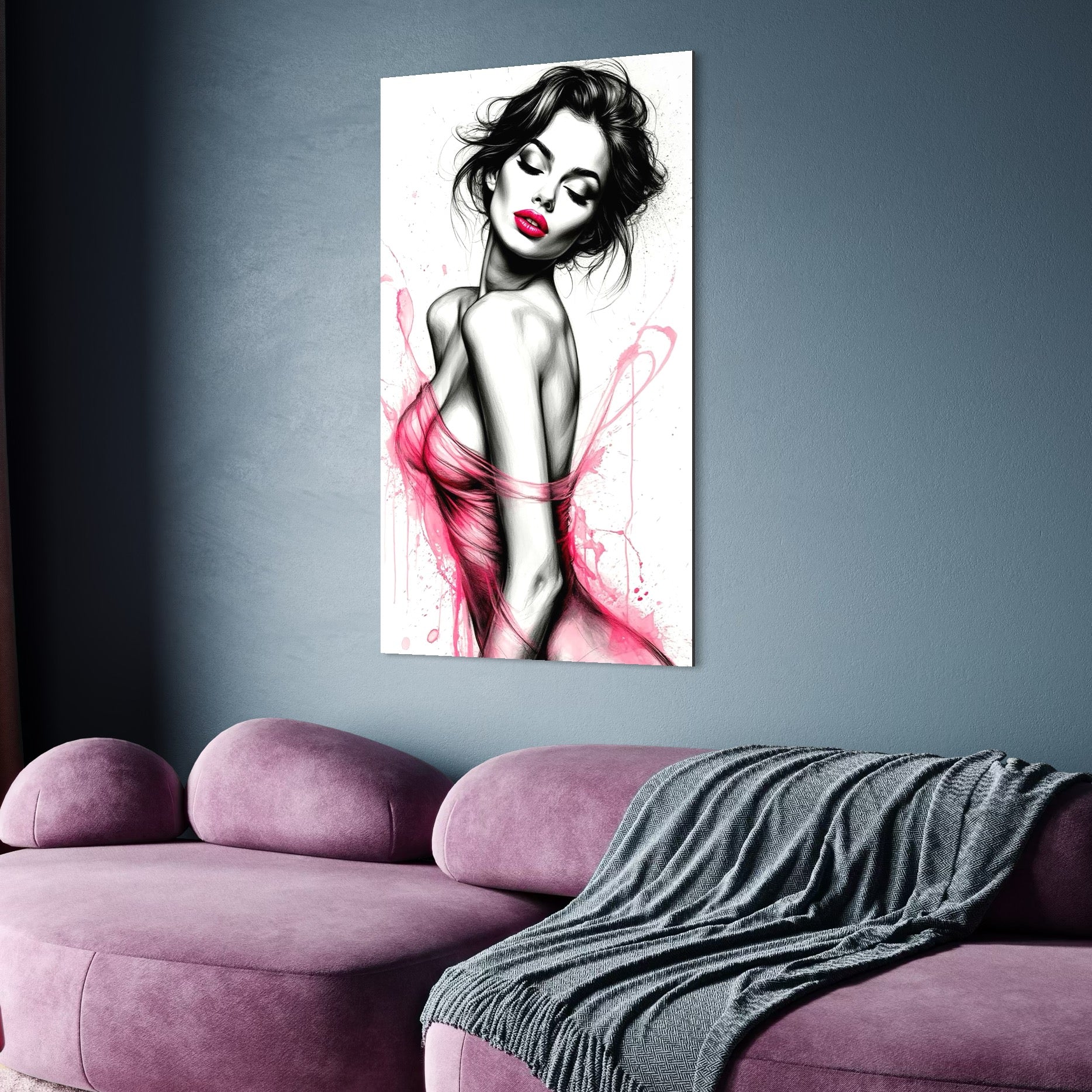 tablou canvas cu o femeie sexy cu buzele roz, redata intr-un cadru erotic alb si negru