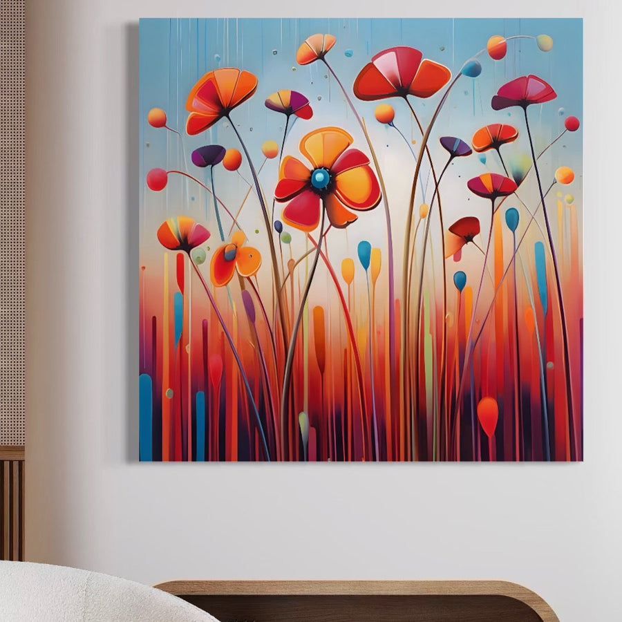 Tablou Canvas Premium LuxCanva® A1575 prezintă artă florală abstractă, vibrantă, cu margarete colorate, perfectă pentru camera dvs. de zi. Acest print uimitor pe panza este realizat în România de LuxCanva®.