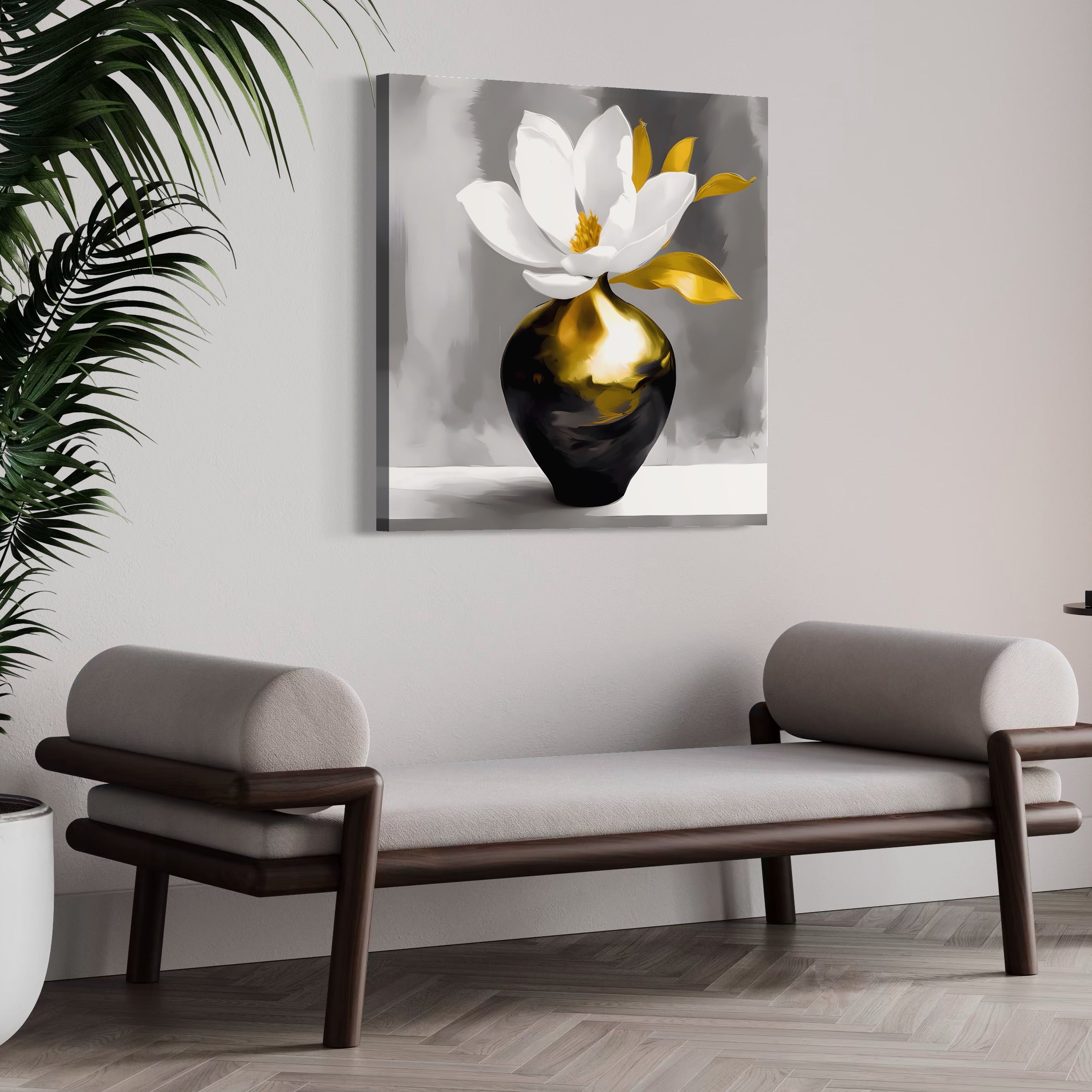 Tablou Canvas Premium LuxCanva® A1576, Armonie In Culori , Living, Floare, Vaza, Auriu, Planta, Room, Culori Vibrante