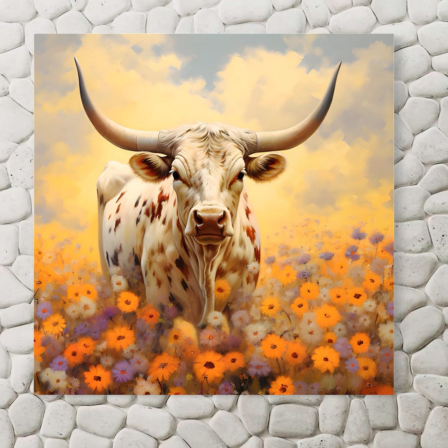 Tablou Canvas Premium LuxCanva® A1579, un tablou decorativ cu bivol pe pajiște și culori vibrante, ideal pentru dormitor sau living, expus pe un fundal de piatră albă. Brand: LuxCanva®.