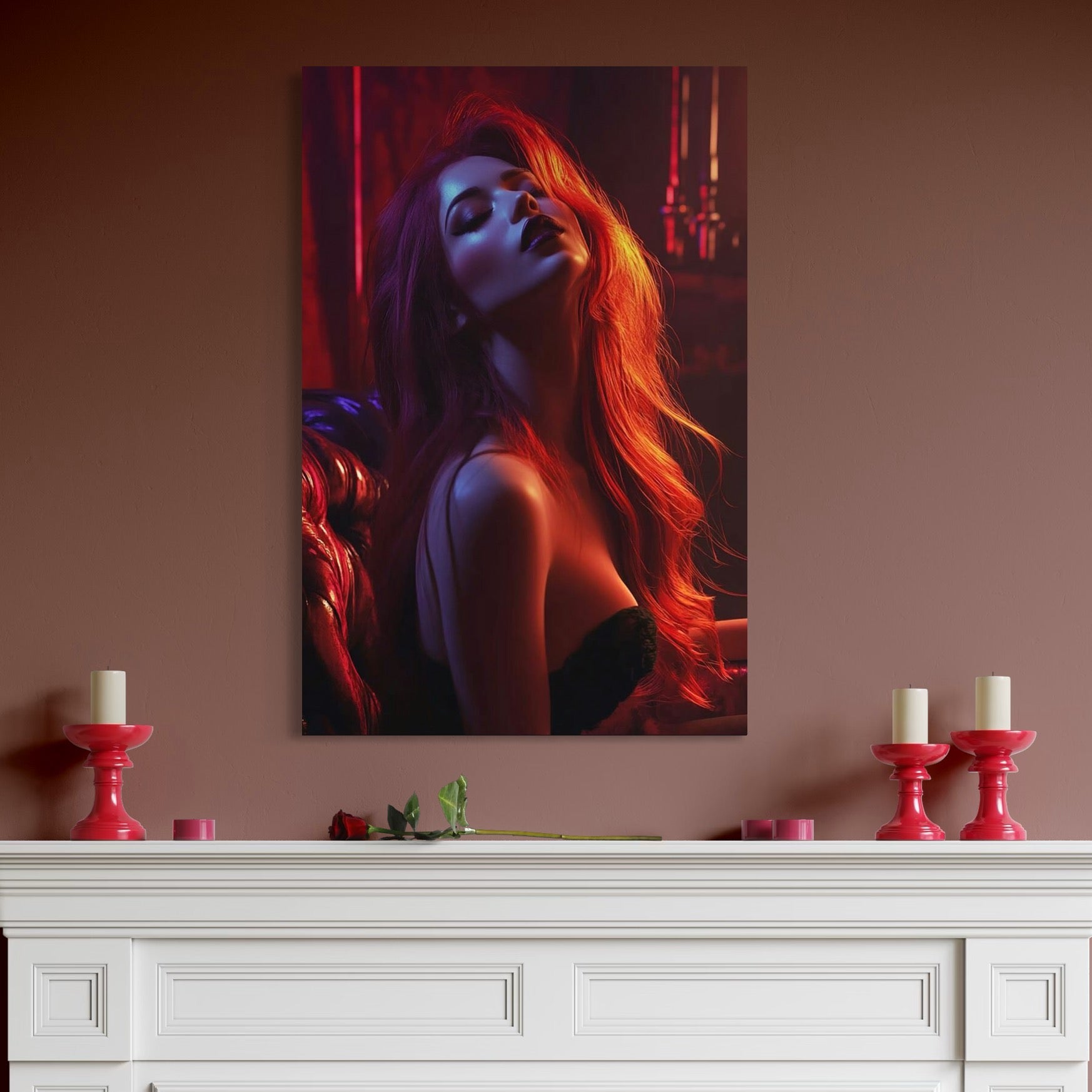 tablou canvas cu o femeie frumoasa, intr-un cadru seducator redat in nuante calde