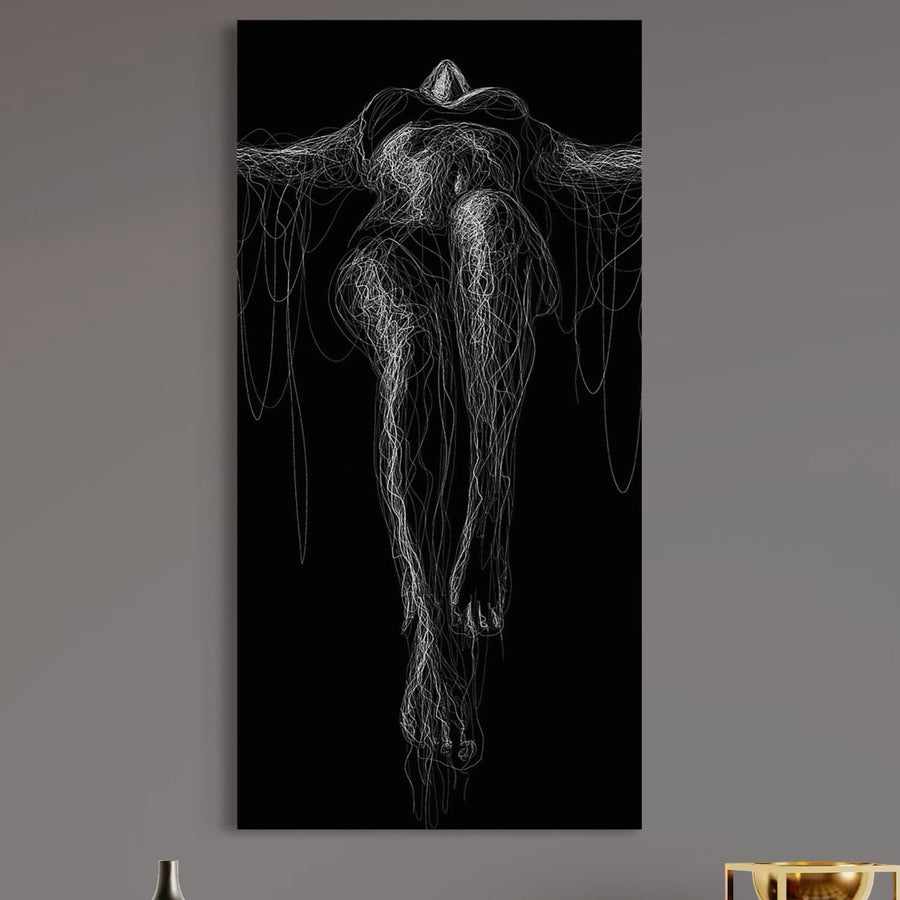 tablou canvas cu silueta unei femei, redata in fire si linii abstracte, in nuante de alb si negru