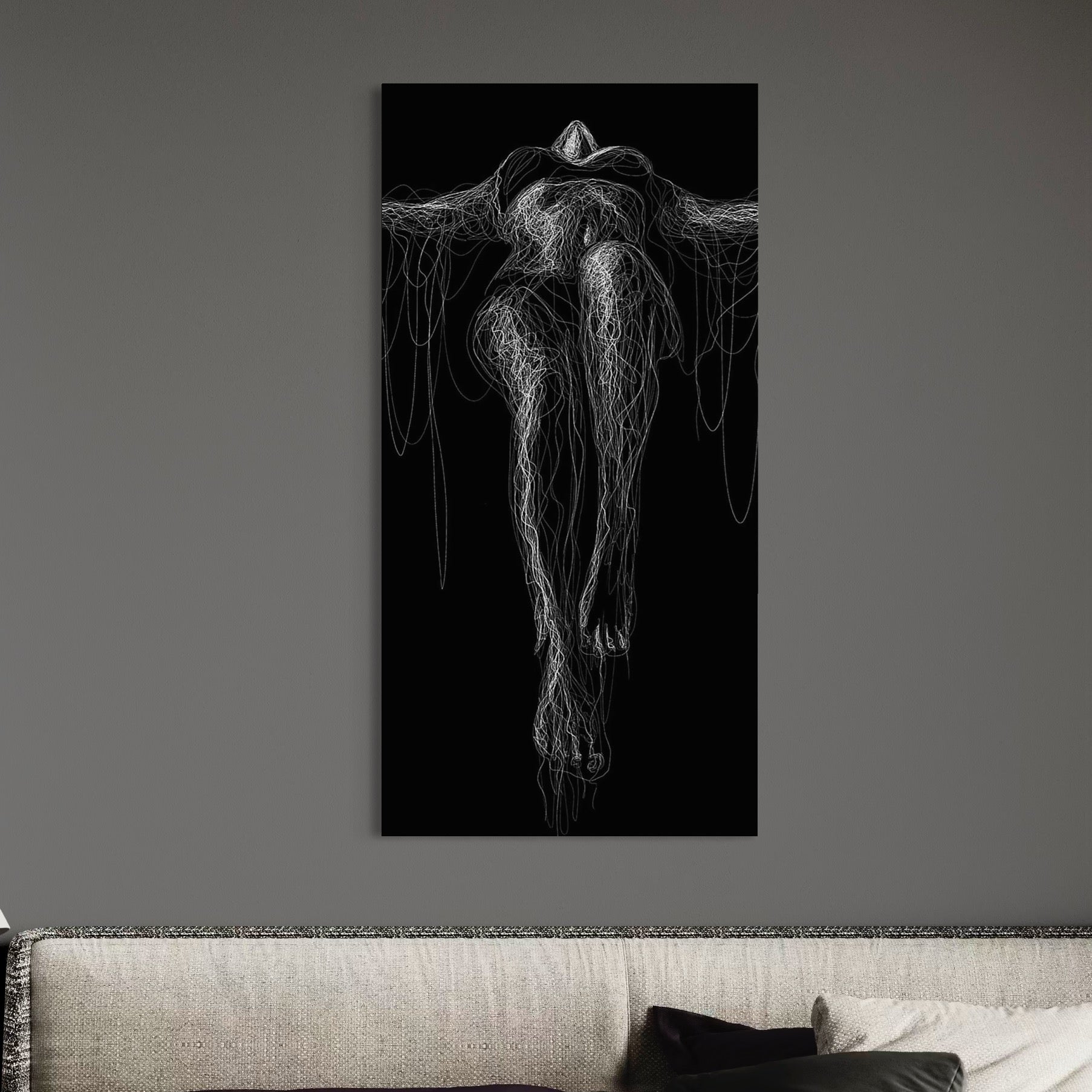 tablou canvas cu silueta unei femei, redata in fire si linii abstracte, in nuante de alb si negru