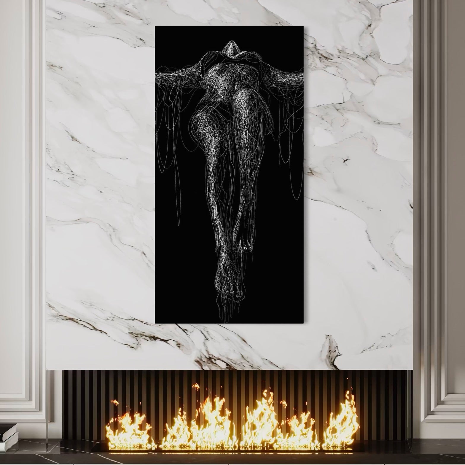 tablou canvas cu silueta unei femei, redata in fire si linii abstracte, in nuante de alb si negru