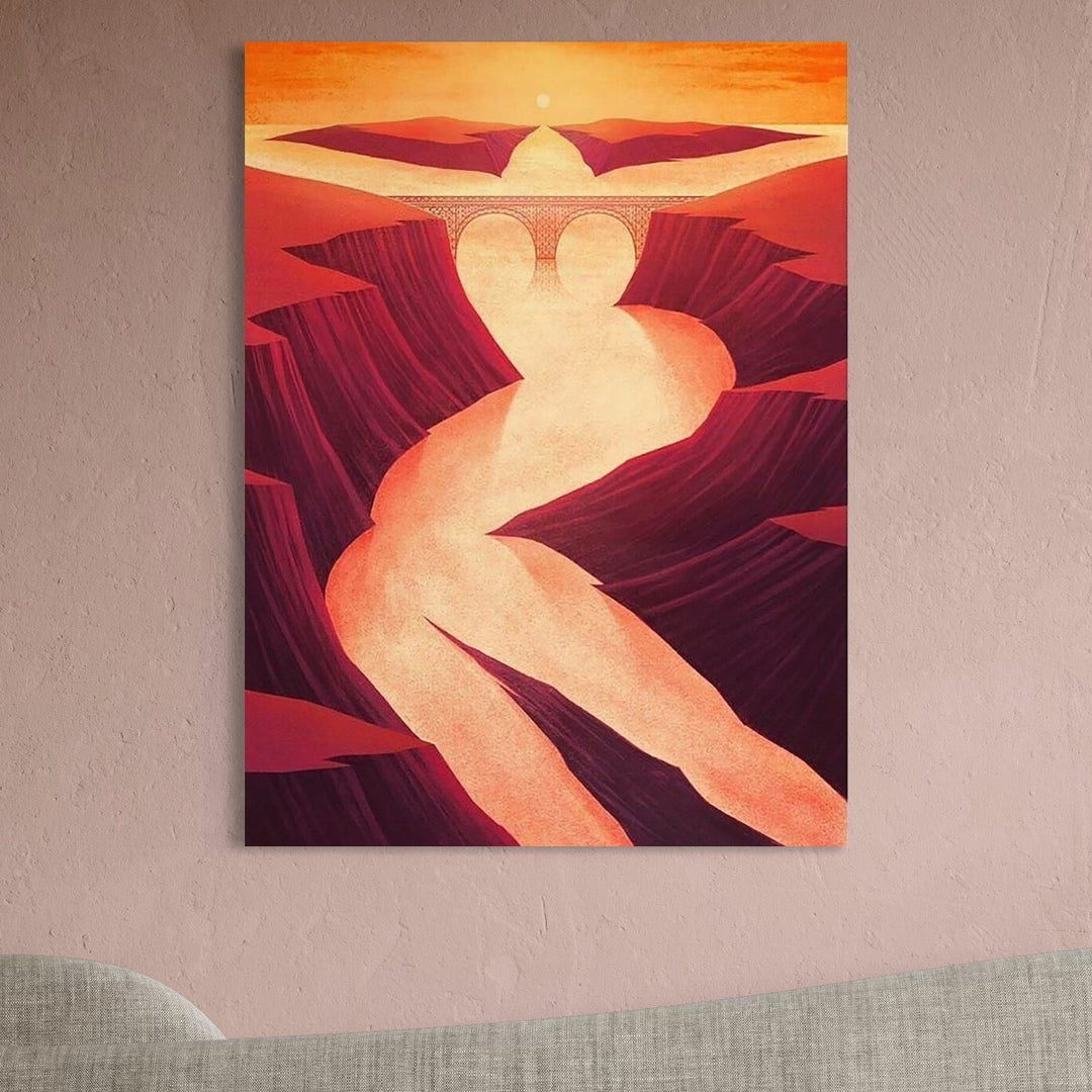 tablou canvas cu o iluzie optica reprezentand trupul unei femei sexy, si un peisaj cu un rau si un pod sub apus de soare indian