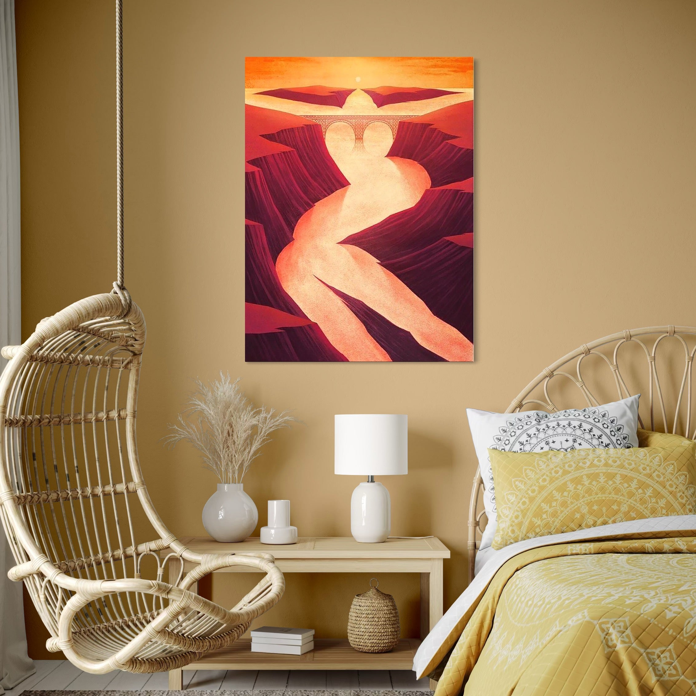 tablou canvas cu o iluzie optica reprezentand trupul unei femei sexy, si un peisaj cu un rau si un pod sub apus de soare indian