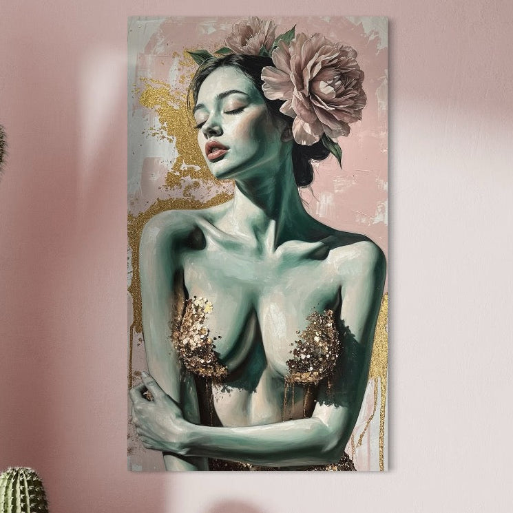Tablou Canvas Premium LuxCanva® P1036, "Dorinta Inflorita" - portret cu femeie sexy, ten verde, ochi închiși, flori roz și trandafiri aurii în păr, top cu accente aurii pe fundal pastel roz-auriu. Ideal dormitor/living.