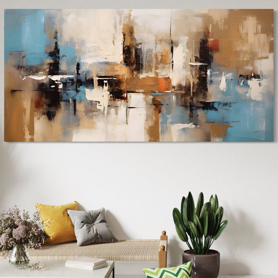 Tablou Canvas Premium LuxCanva® A1585, Splendoare Aurie, cu tușe abstracte vibrante, împodobește un living modern deasupra unei bănci cu perne și o plantă verde, adăugând o notă decorativă premium spațiului.