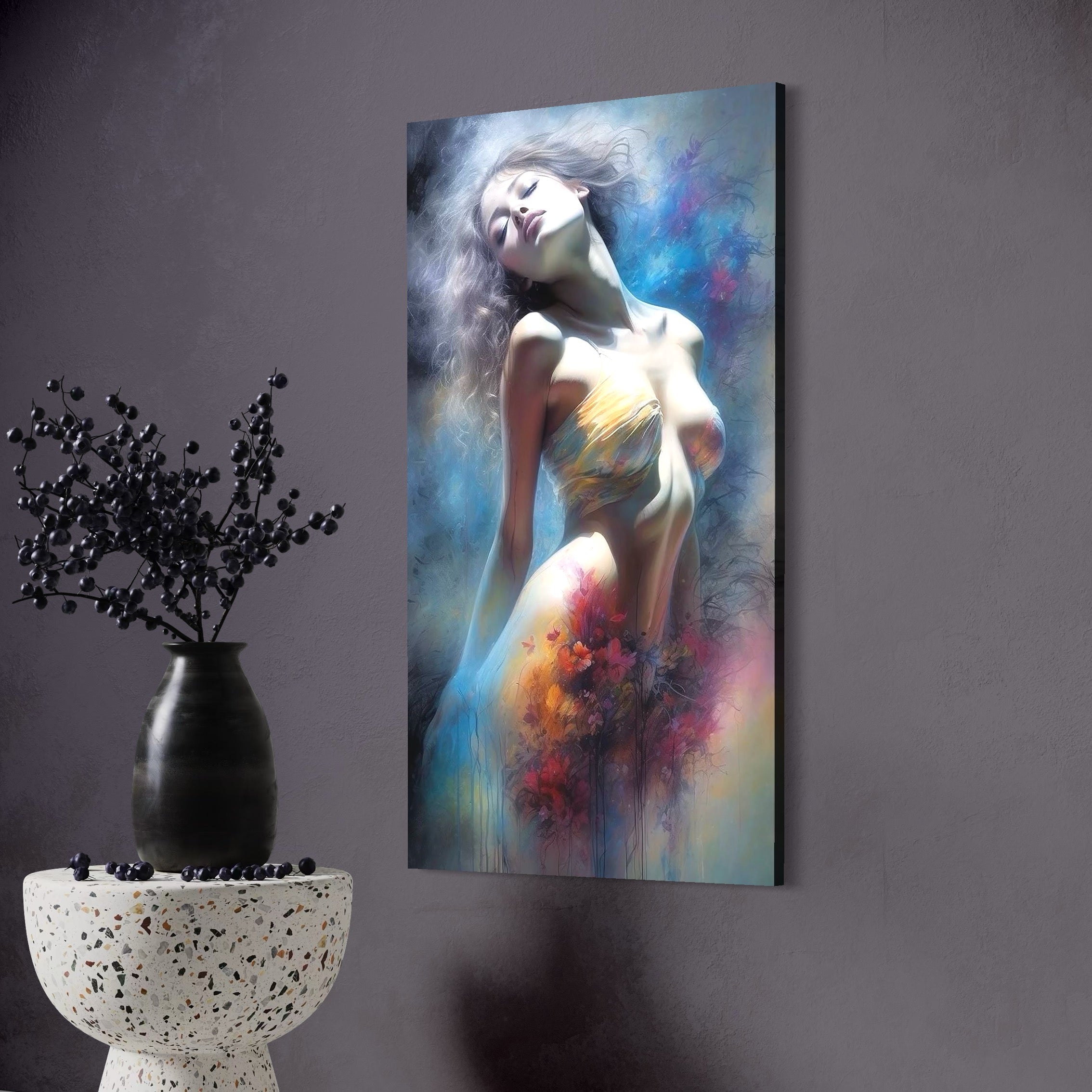 Tablou Canvas Premium, LuxCanva® P1048, Spiritul Primaverii, Lumina, Femeie, Vis, Renastere, Culori, Trup, Flori, Miscare, Armonie, Mistic, Emotie, Natura, Traire, Living, Dormitor