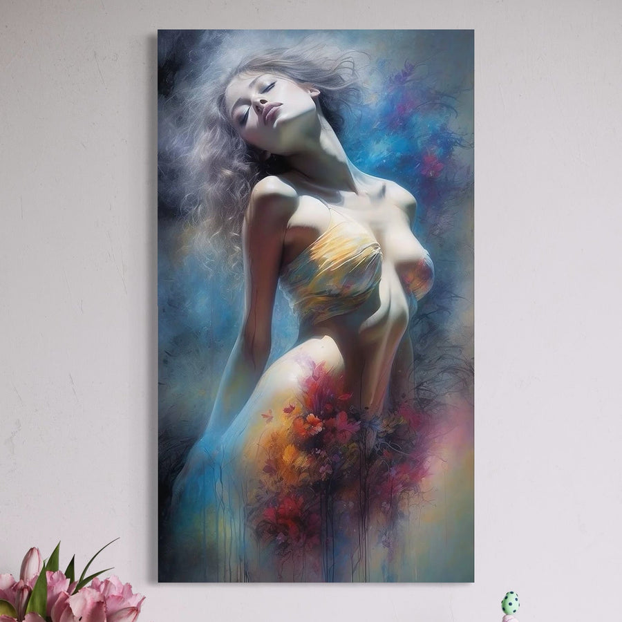 Tablou Canvas Premium LuxCanva® P1048 "Spiritul Primaverii" prezintă o femeie în top galben, înconjurată de culori vizătoare și flori abstracte, aducând armonie și emoție oricărui living sau dormitor. Calitate premium pe pânză bumbac.