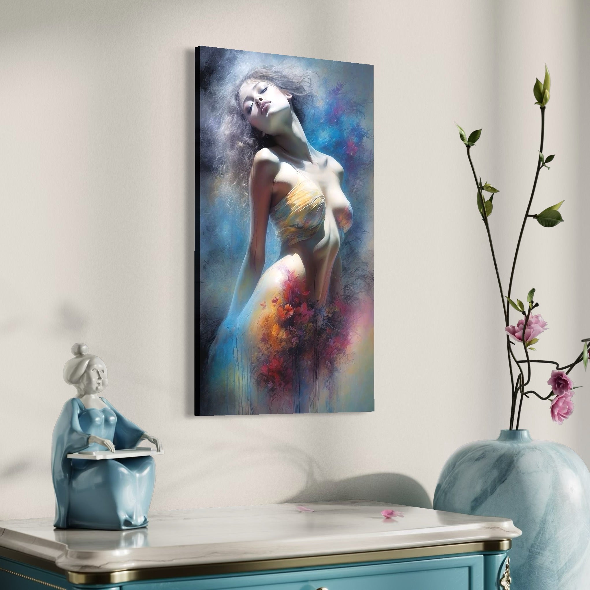 Tablou Canvas Premium, LuxCanva® P1048, Spiritul Primaverii, Lumina, Femeie, Vis, Renastere, Culori, Trup, Flori, Miscare, Armonie, Mistic, Emotie, Natura, Traire, Living, Dormitor