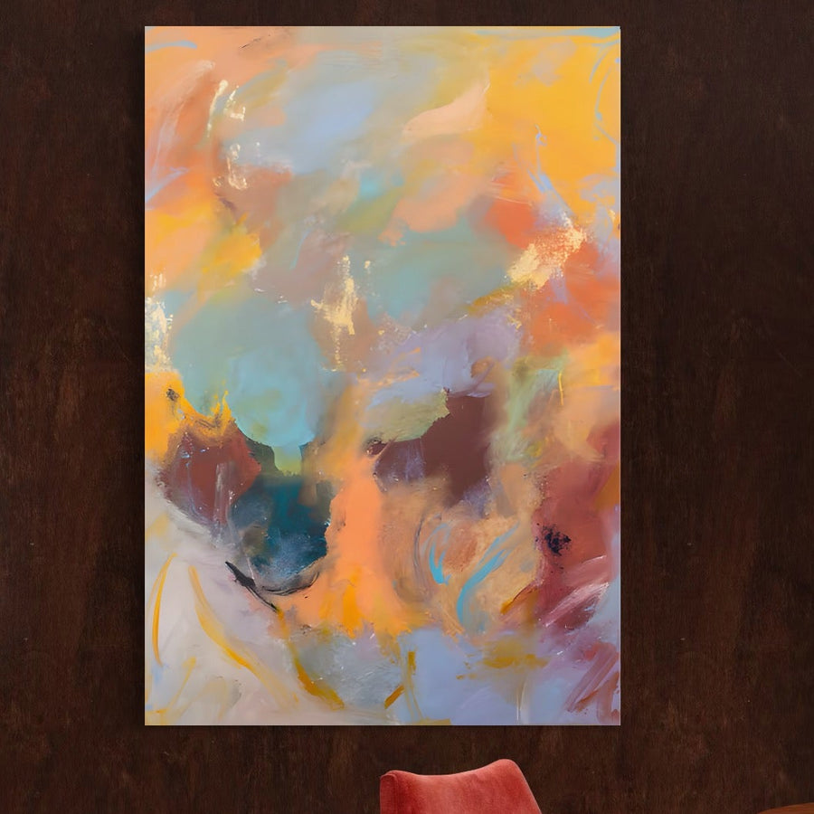 Tablou Canvas Premium LuxCanva® A1589, "Pata Colorata", este un tablou abstract decorativ cu culori vibrante pastel-orange, galben, albastru si roz-pe panza bumbac, perfect pentru dormitor sau living.