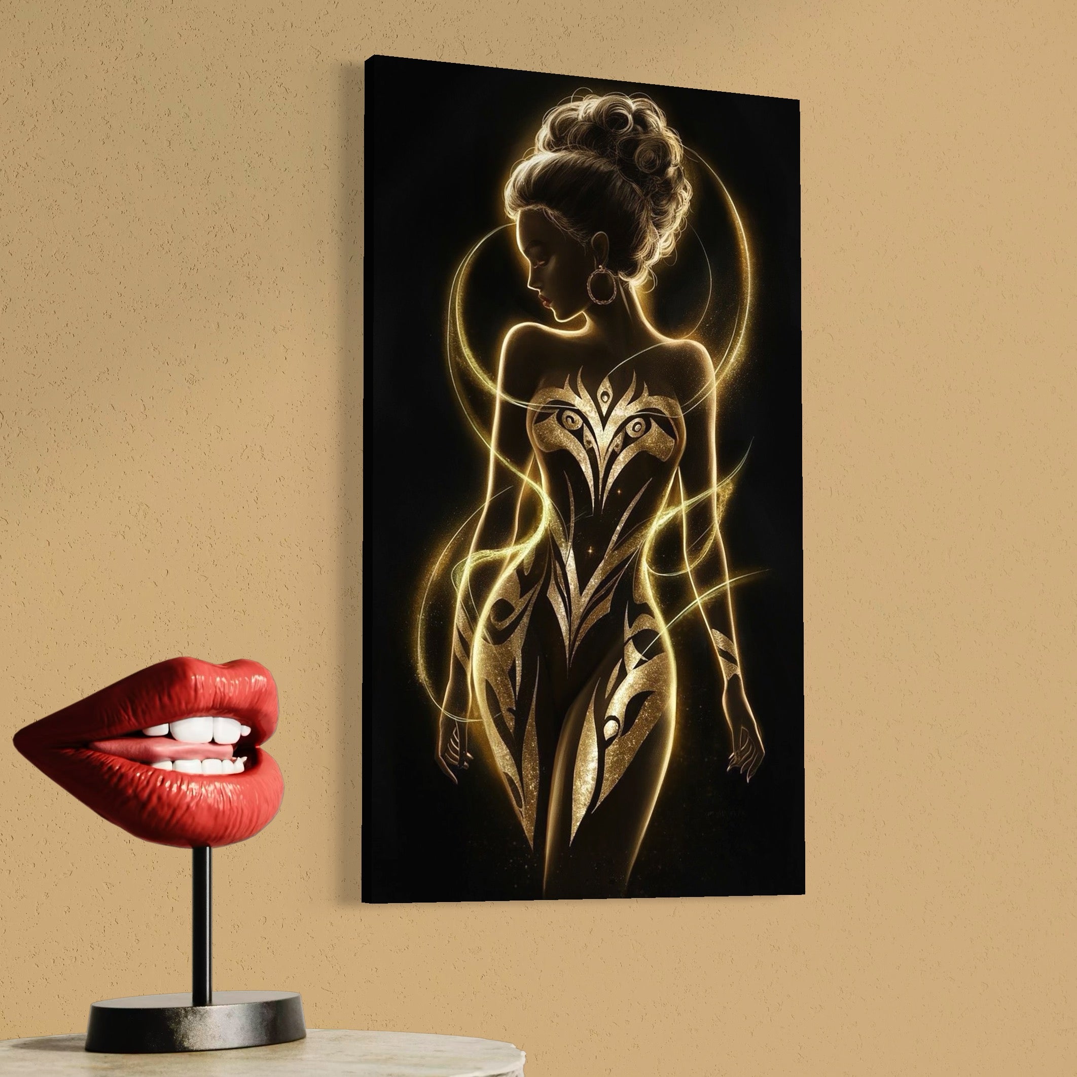 Tablou Canvas Premium, LuxCanva® P1049, Dansul Aurului, Regina, Lumina, Silueta, Divin, Spirit, Aurora, Feminitate, Energie, Solar, Regal, Trup, Sacru, Gratie, Cosmic, Living, Dormitor