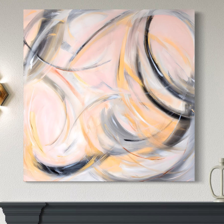 LuxCanva® Tablou Canvas Premium LuxCanva® A1590 "Exprimare Libera" vă animă livingul sau dormitorul cu cercuri abstracte vibrante în culorile piersică, negru, gri și galben - artă decorativă de calitate premium pentru interioare moderne.