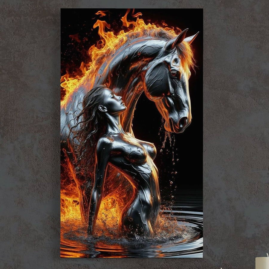 Tablou Canvas Premium LuxCanva® P1050 surprinde o femeie cu piele metalică ieșind din apă lângă un braț cu coamă de foc, pe fund întunecat. Decor mistic și intens pentru living sau dormitor, disponibil la LuxCanva® - Magazin tablouri canvas.