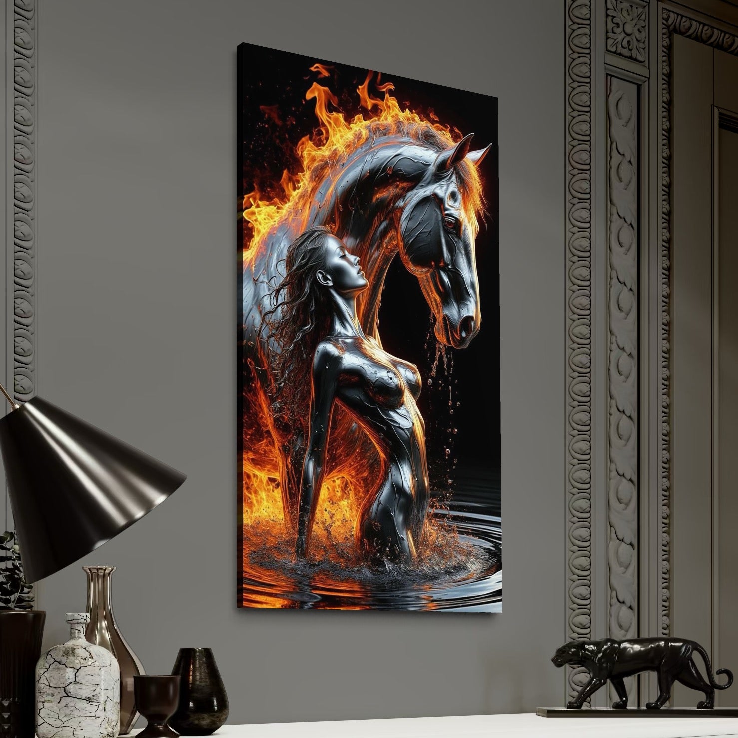 Tablou Canvas Premium, LuxCanva® P1050, Spirit Animalic, Foc, Armasar, Renastere, Jar, Metal, Elemental, Vulcanic, Infern, Apa, Contrast, Mistic, Intensitate, Dorinta, Living, Dormitor