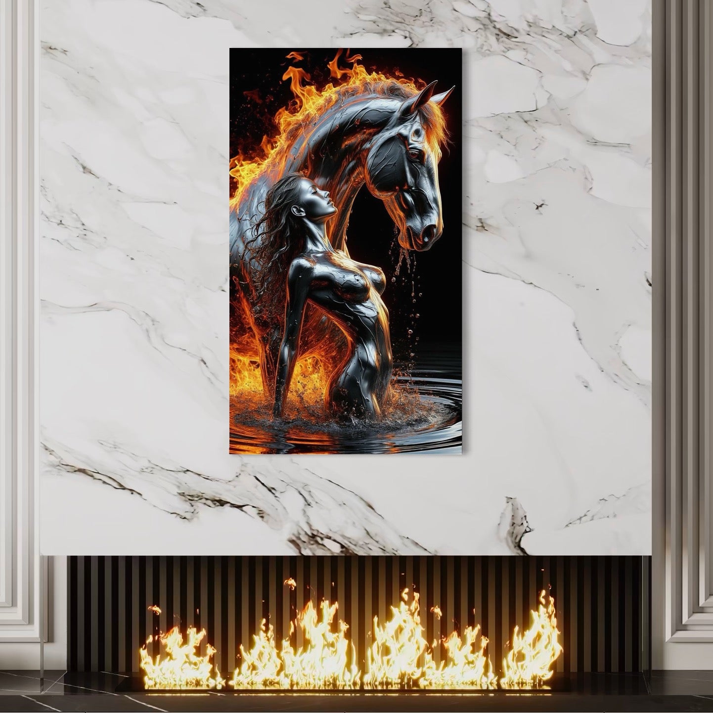 Tablou Canvas Premium, LuxCanva® P1050, Spirit Animalic, Foc, Armasar, Renastere, Jar, Metal, Elemental, Vulcanic, Infern, Apa, Contrast, Mistic, Intensitate, Dorinta, Living, Dormitor