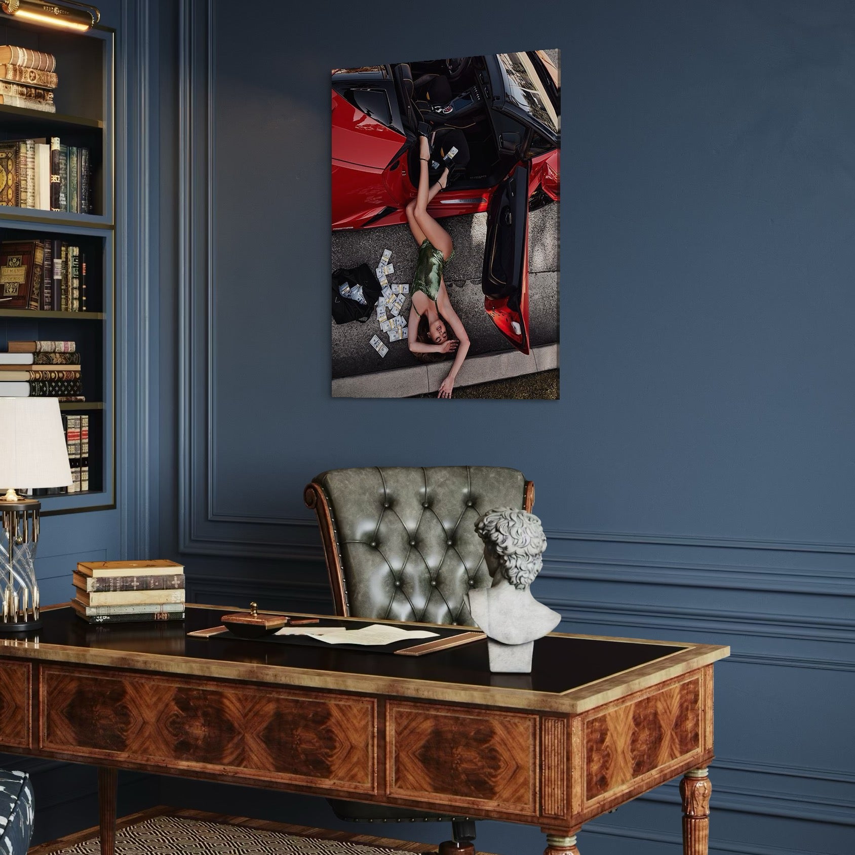 tablou canvas cu o femeie sexy intr-o rochie verde stralucitoare, la marginea unui drum intr-o masina rosie langa teancuri de bancnote