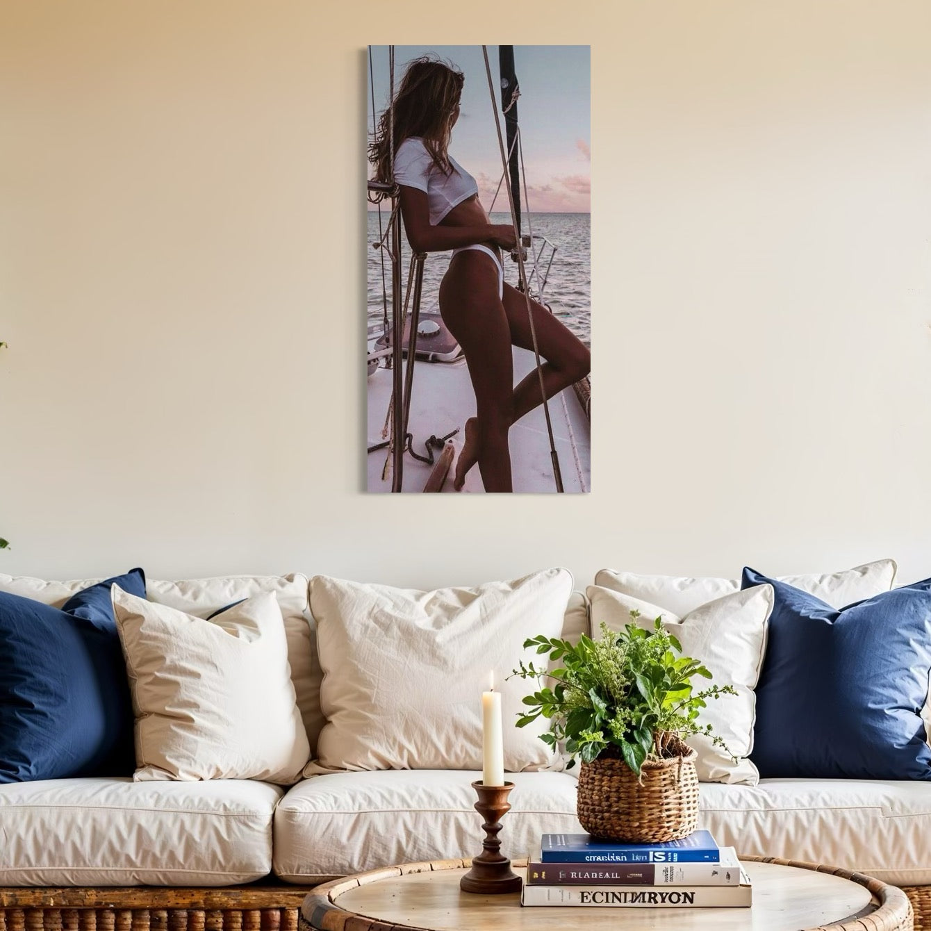 tablou canvas cu o femeie intr-un costum de baie alb, pe un iaht in mijlocul oceanului la apus de Soare