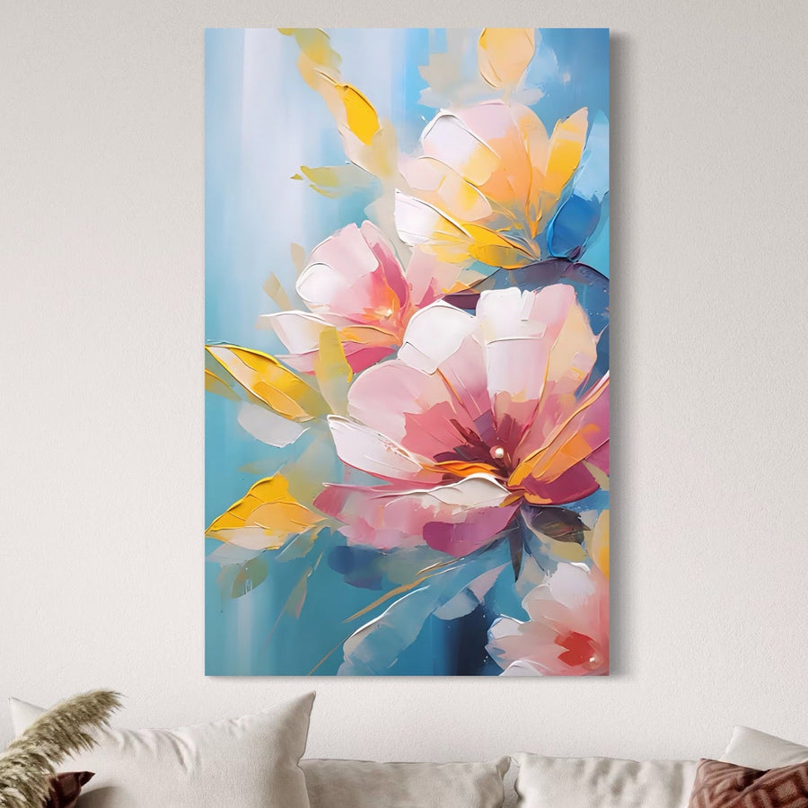 Tablou Canvas Premium LuxCanva® A1578, Cherry Flowers, de LuxCanva®, cu designul său floral vibrant roz și galben, decorează peretele de deasupra unei canapele bej - îmbunătățind camera dvs. de zi cu farmec colorat și calitate premium.