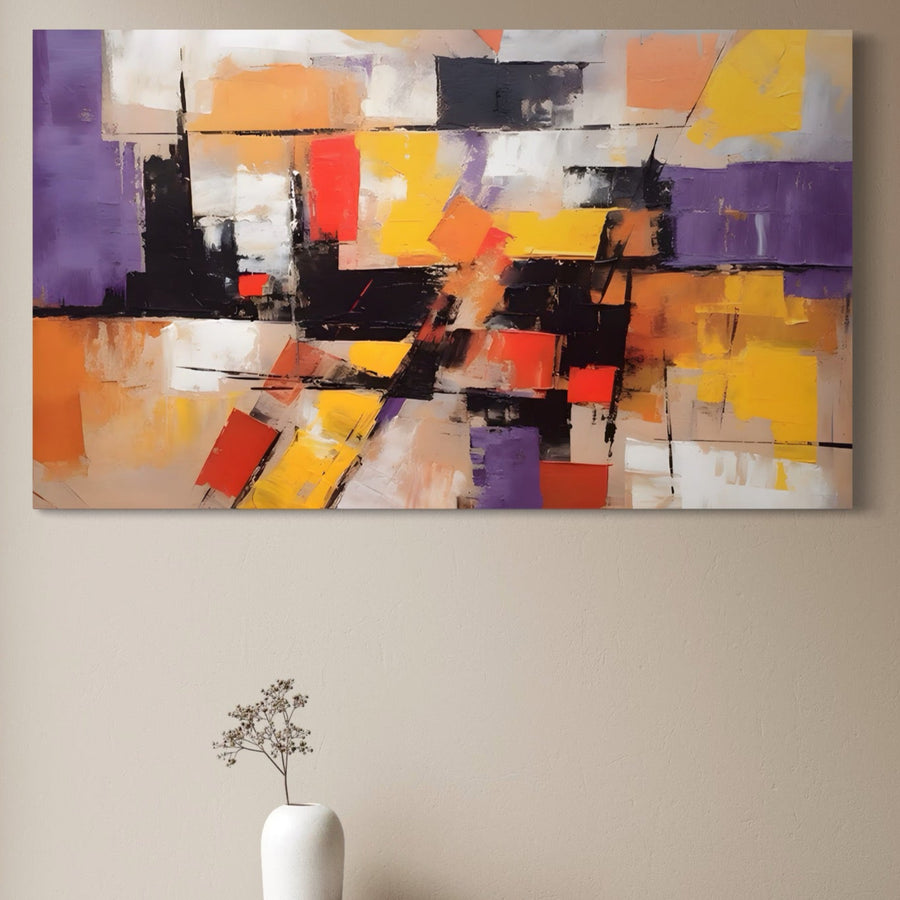 Tablou Canvas Premium LuxCanva® A1593, o pictură abstractă vibrantă cu culori îndrăznețe precum mov și galben, adaugă un contrast izbitor spațiului dvs. de locuit sau dormitor, completând frumos elementele simple de decor.