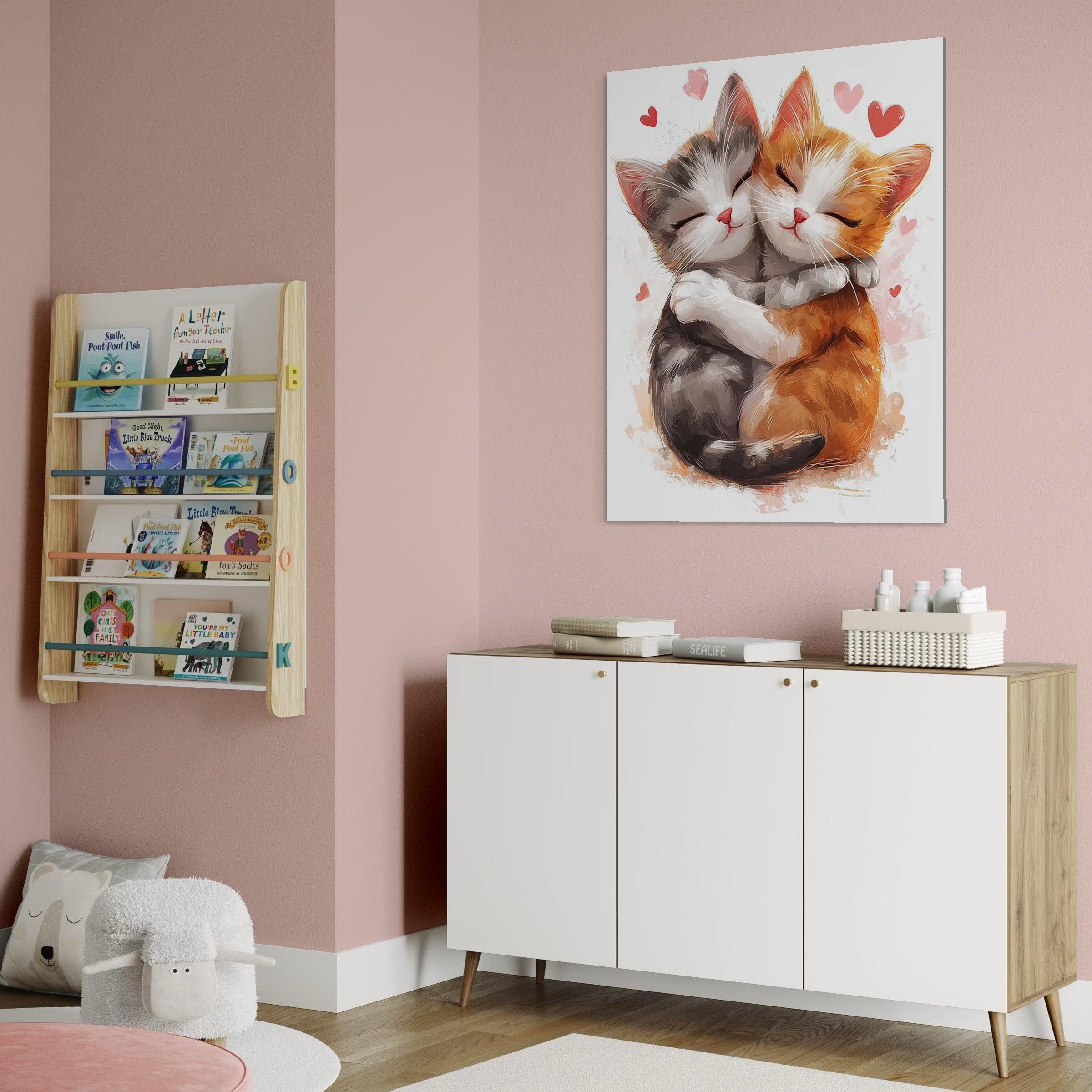 tablou canvas cu doua pisicute imbratisate, pe un fundal alb cu inimioare roz si rosii