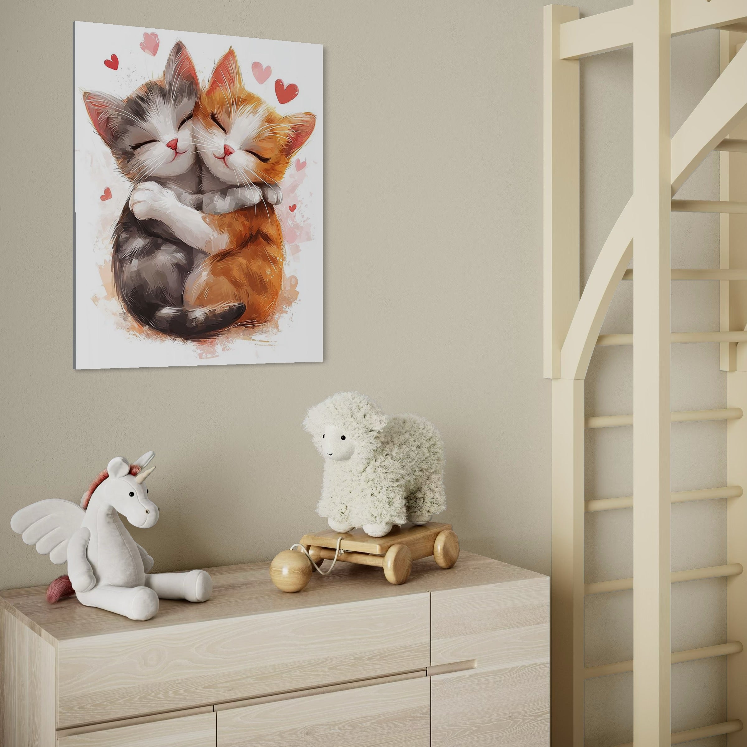 tablou canvas cu doua pisicute imbratisate, pe un fundal alb cu inimioare roz si rosii