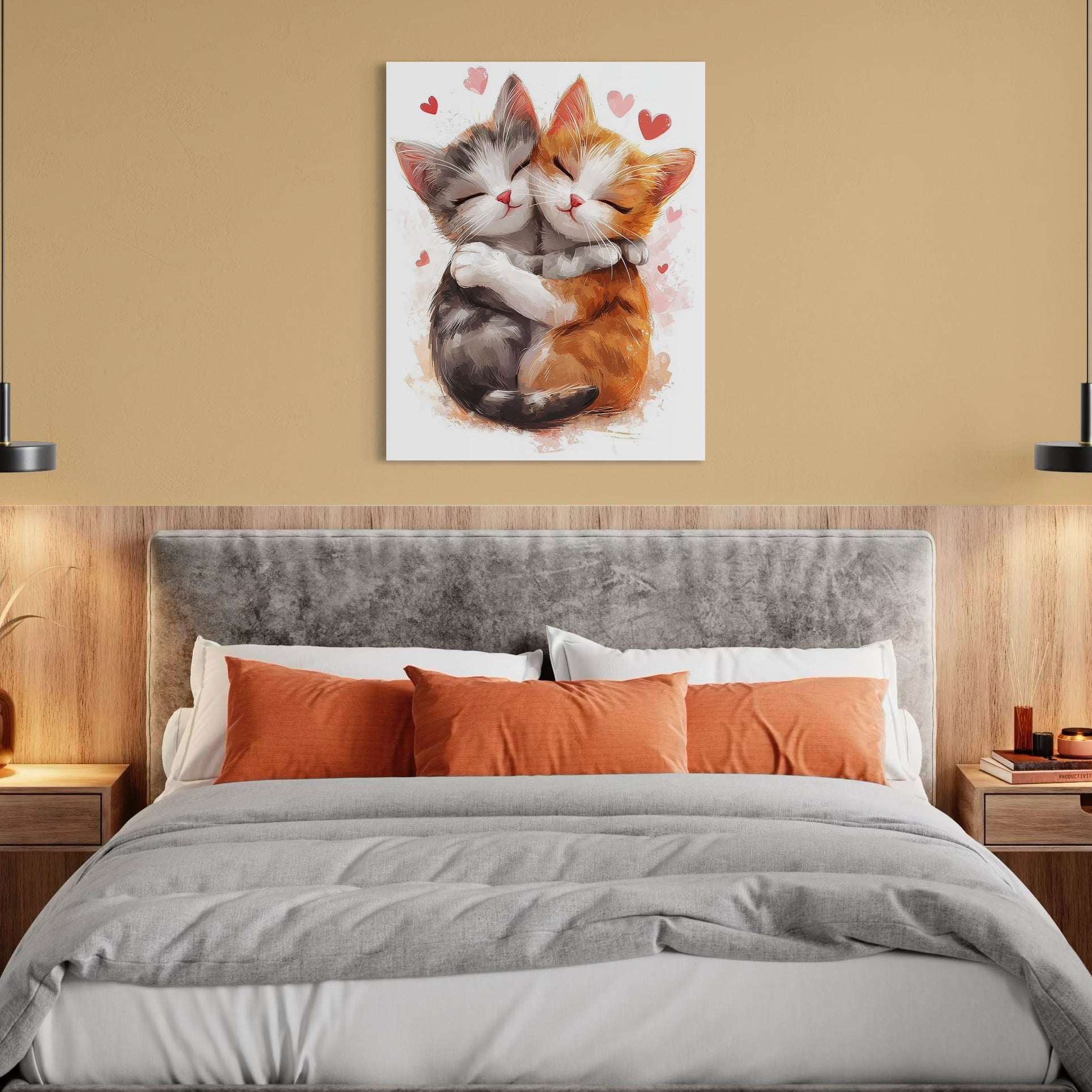 tablou canvas cu doua pisicute imbratisate, pe un fundal alb cu inimioare roz si rosii